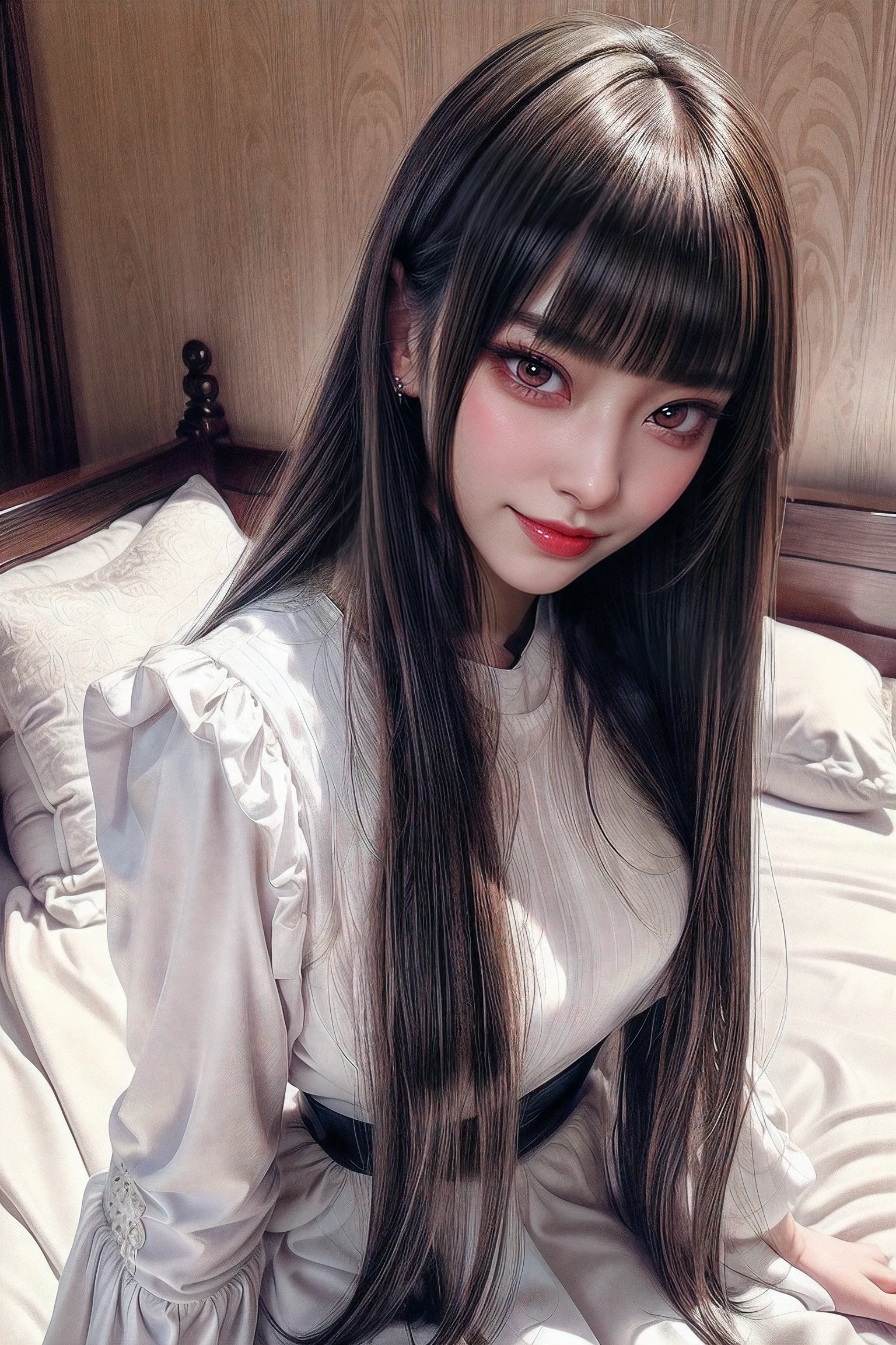 ,(((Blunt bangs, princess bangs))), (((Very heavy,very voluminous bangs:1.1))),(((Very long, Very heavy,Very voluminous side locks:1.1))),, hime-cut, Hairstyle with straight bangs, Round face with dull bangs, dull with long hair、Bangs are cut straight,(masutepiece, top-quality:1.5), (Ultra detailed 8K cg:1.4), (hyper realisitic:1.25), (Photorealistic:1.25), (Realistic:1.4), Cowboy Shot, (View above:1.35), (1 from the front.4), (smile1.3),
1 beautiful Japanese girl, 19 years old, super model, Japanese Idol, (Smile), Large breasts, sweat skin,
(Maid Dress Costume Uniform:1.1), cunt, anal, (lying on bed:1.4), (on  back:1.1), (Head on pillow:1.1),
5 star hotel bed,