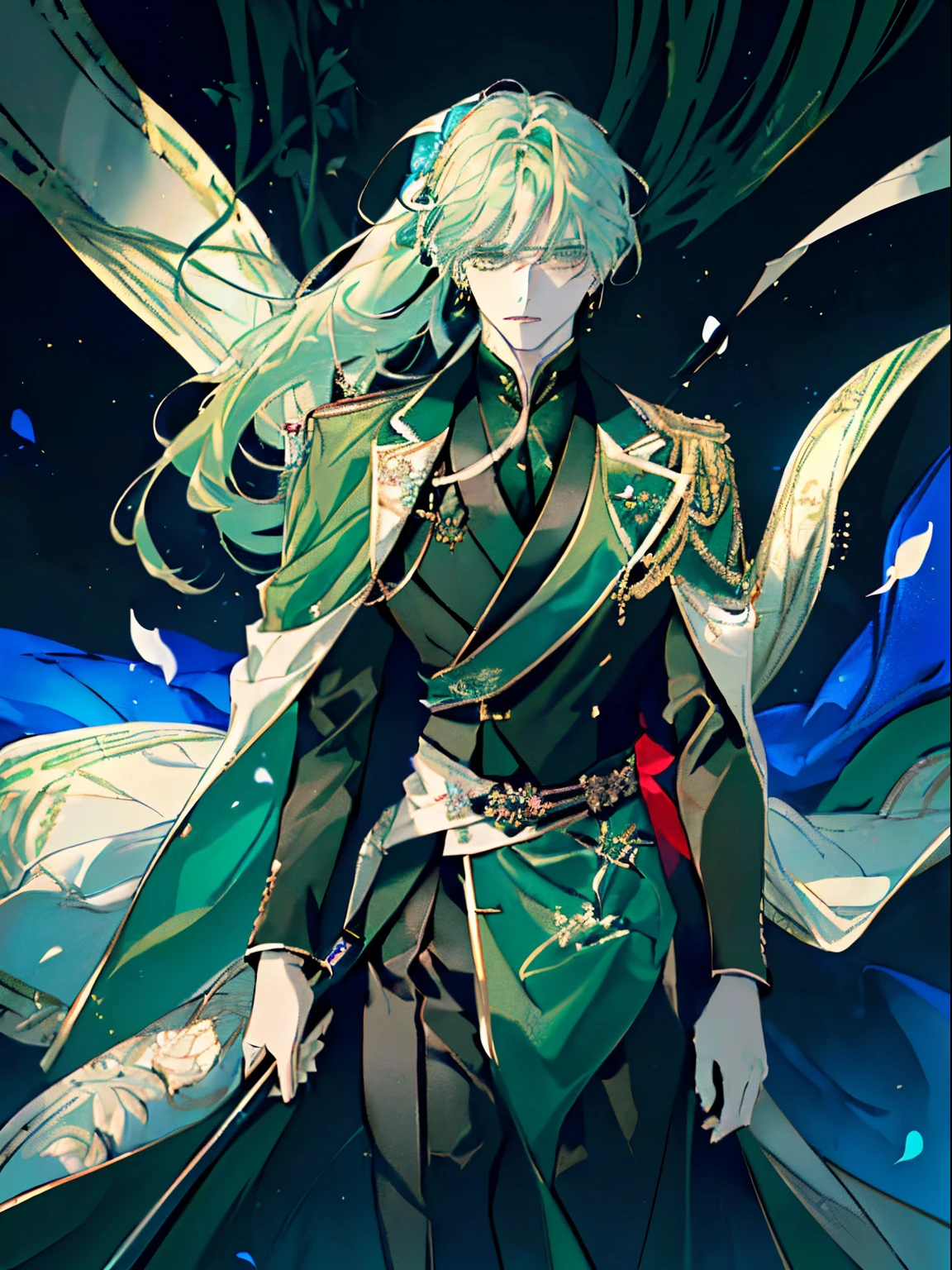 ((pale green hair)),((With bangs)),((Straight hair)),((tie the ponytail at the bottom)),((Dark green eyes)),((black and green corset)),(It's made a bit like a kimono.),((Luxury and neat attire like a British gentleman)),Slight red tide,,((Like a knight, He carries a luxuriously decorated sword on his waist.....)),((close up of face)),(Serious gaze),(Royal gardens with colorful flowers),((Male in late teens)),((Clothes and hair fluttering in the wind)),(Petals fluttering in the wind),((Particles of white and blue light fly around.)),(Dynamic movement),((Kamimei)),(Sharp eye light),((Stand from the front)),