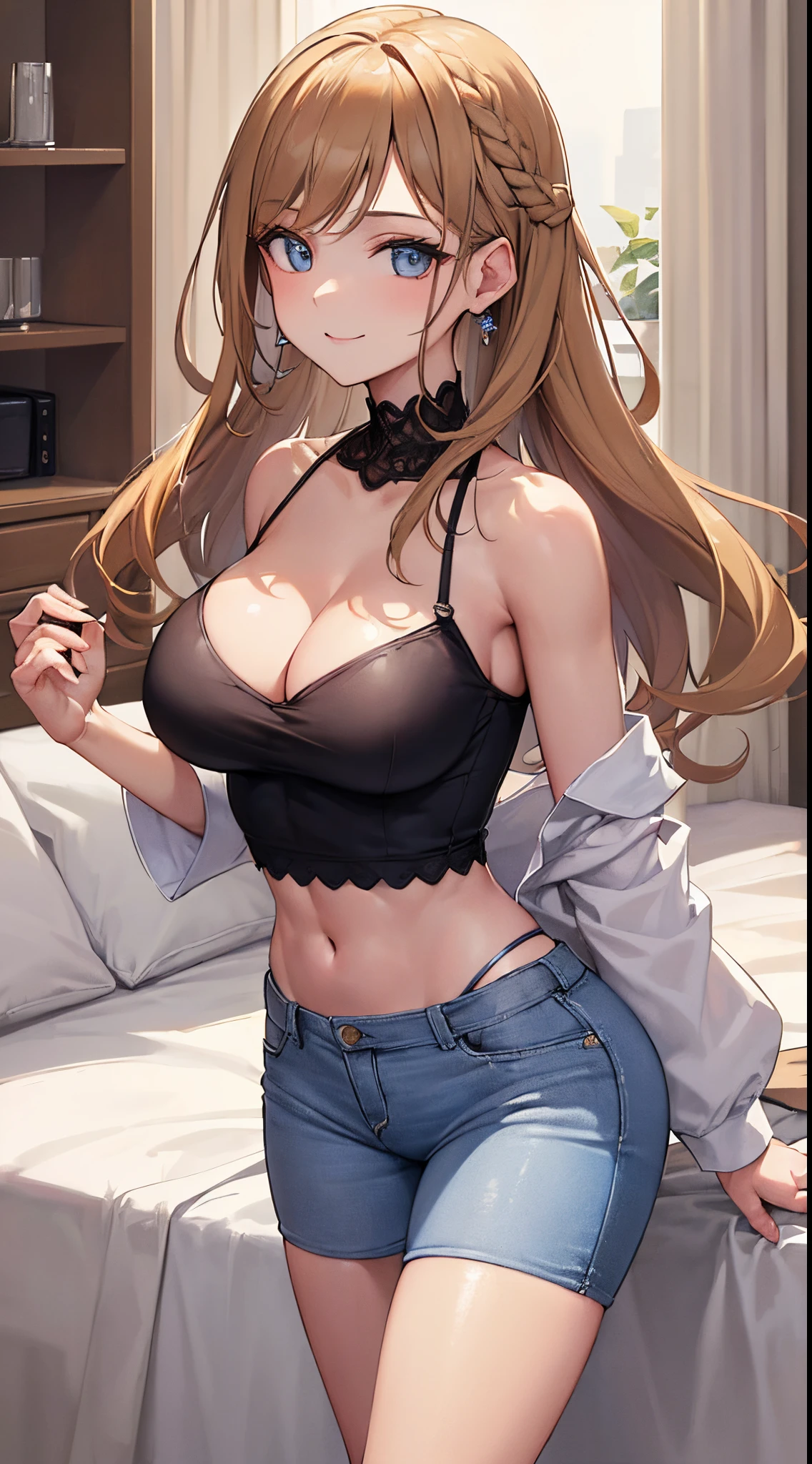 ((Best quality, 8k, Masterpiece :1.3)), 1girl, beautiful woman with emphasis on slim abs: 1.3, (casual hairstyle, big breasts: 1.2), casual wear: 1.2, interior, ultra-detailed face, delicate eyes, double eyelids, soft breasts, smile, exposed cleavage