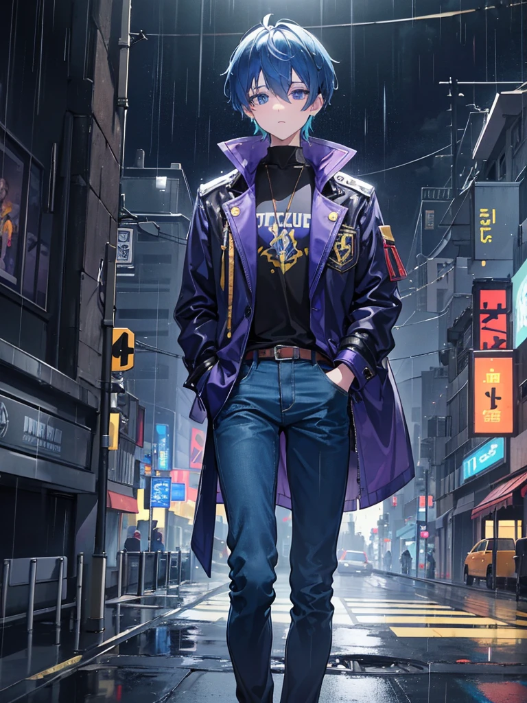 3boys first boy-short spiky yellow purple hair,blue eyes,wearing brown black jacket coat,denim pants,raining city night,absurdres,high res,ultrasharp,8k,masterpiece,looking at viewer.second boy- blue black messy short hair,blue eyes,wearingblue red jacket coat,denim pants,raining city night,absurdres,high res,ultrasharp,8k,masterpiece,looking at viewer.third boy-blue green short hair,wearing blue purple jacker coat,denim pants,raining city night,absurdres,high res,ultrasharp,8k,masterpiece,looking at viewer