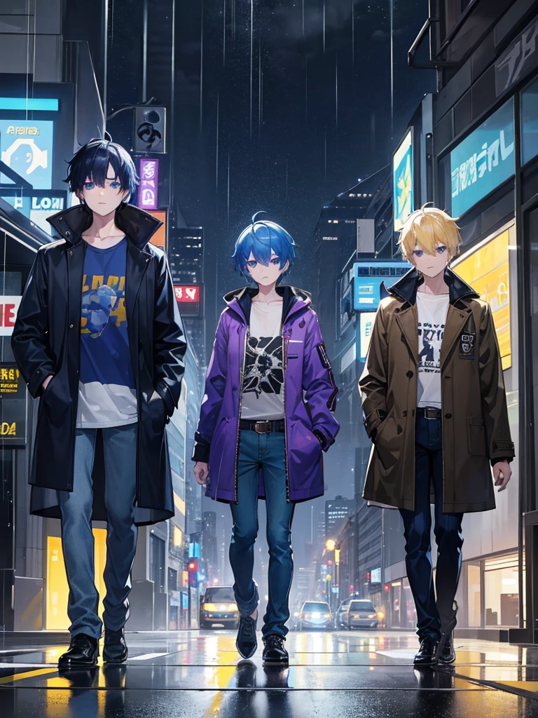 3boys first boy-short spiky yellow purple hair,blue eyes,wearing brown black jacket coat,denim pants,raining city night,absurdres,high res,ultrasharp,8k,masterpiece,looking at viewer.second boy- blue black messy short hair,blue eyes,wearingblue red jacket coat,denim pants,raining city night,absurdres,high res,ultrasharp,8k,masterpiece,looking at viewer.third boy-blue green short hair,wearing blue purple jacker coat,denim pants,raining city night,absurdres,high res,ultrasharp,8k,masterpiece,looking at viewer