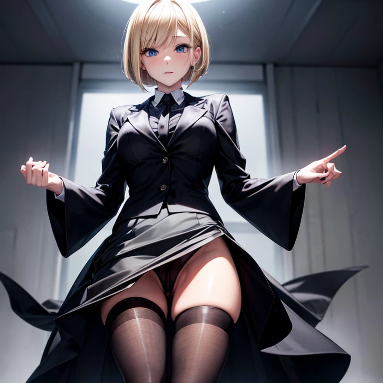 (black suits)、(slender skirt)、(Blonde Bob)、Black pantyhose、Blue Eyes、Ecstatic look、(5-Fingers)、Black High Heels、no panties
