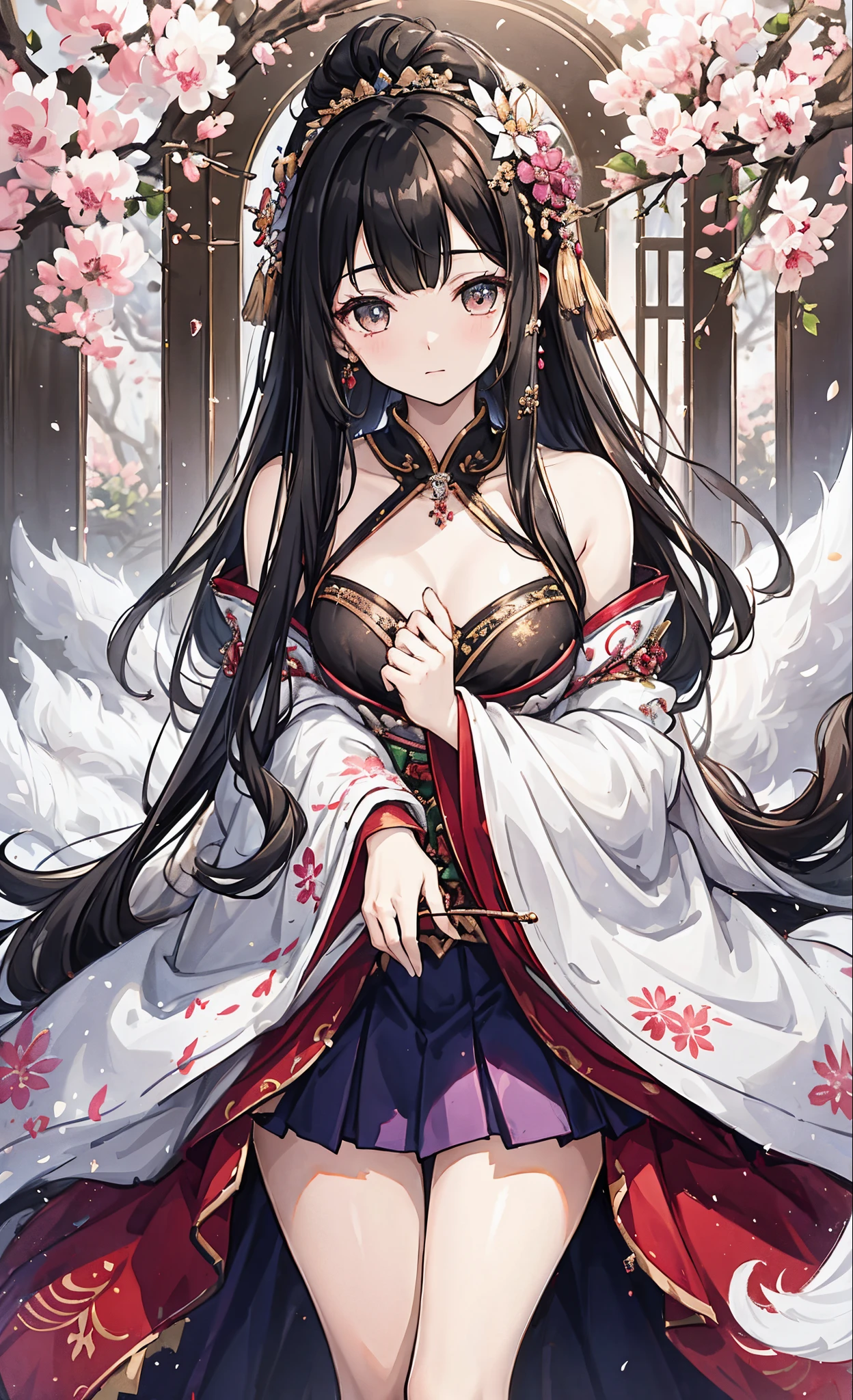 top-quality，Top image quality，(tmasterpiece:1.2),Atdan, 1 plump girl, Alone, Branch, Blooming flowers, jewely, a skirt, ear nipple ring, that tree, through bangs, Long gray hair, hair adornments, view the viewer, Chinese clothes, black hair color hair, hairflower, Brown hair, exposed bare shoulders, Very long hair, Wide sleeves, longer sleeves