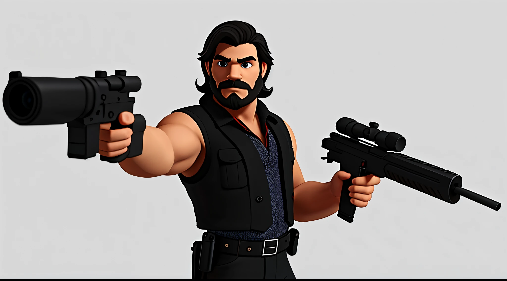 1 Man solo, solo.he has a short black beard and he has black flowing hair. holding gun at camera. white background