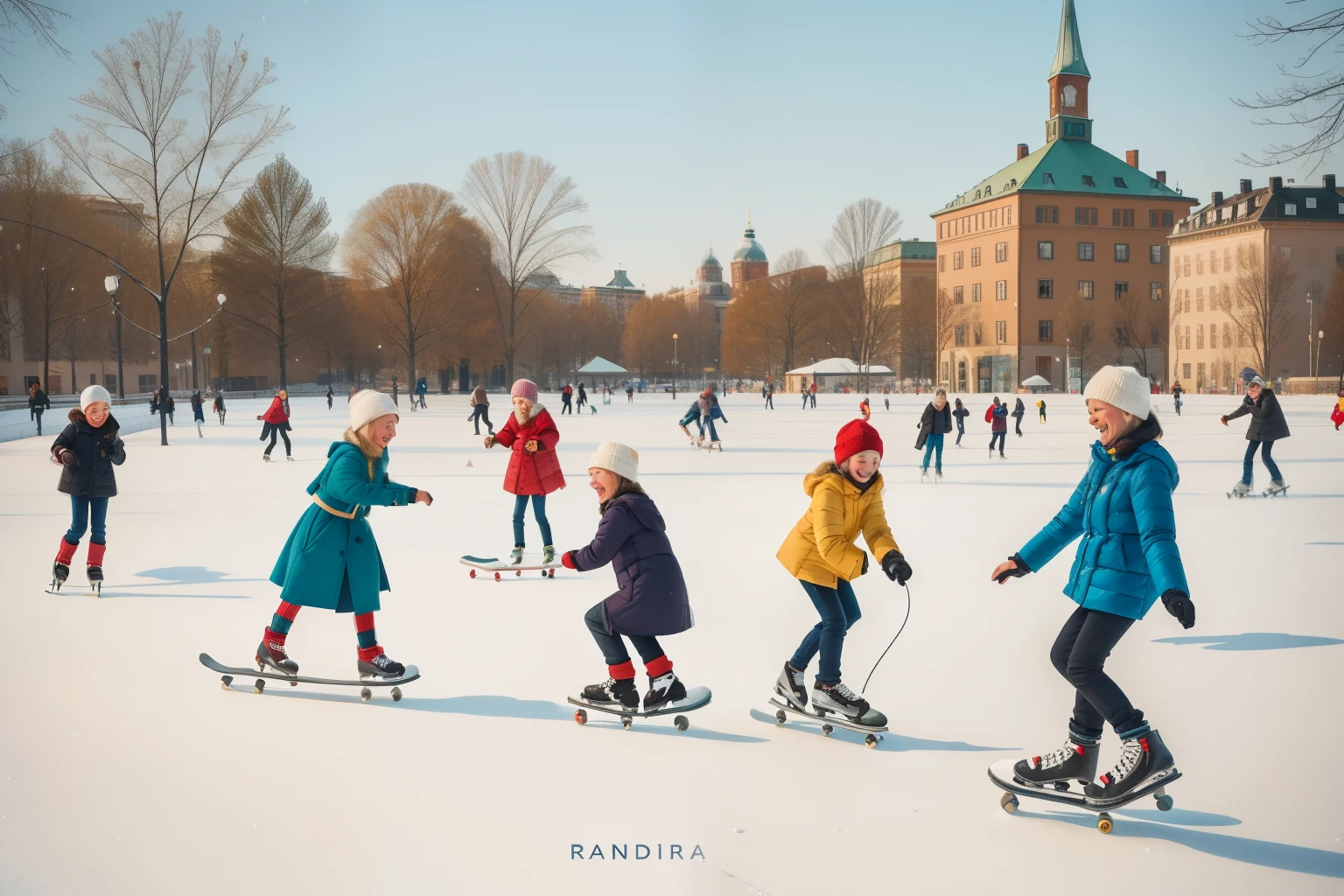 Year: 2022. Setting: Daytime Park Skating in Stockholm, Sweden.
*Description: On the ice rink in the snowy park, friends of different ages skate together during the day. Laughter and smiles fill the air as they glide gracefully, capturing the Scandinavian charm of a Swedish winter day with pre-Raphaelite elegance and Wes Anderson's calming palette.