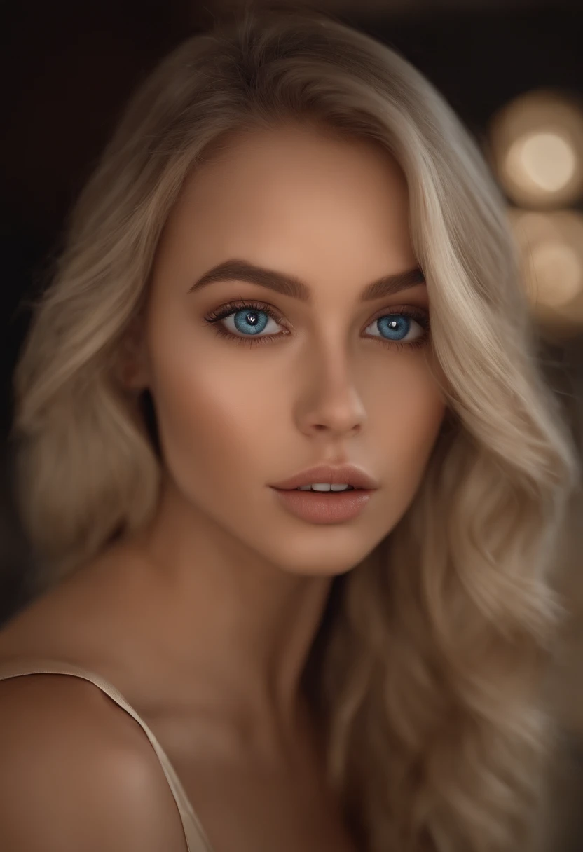 arafed woman fully , sexy girl with blue eyes, ultra realistic, meticulously detailed, portrait sophie mudd, blonde hair and large eyes, selfie of a young woman, bedroom eyes, violet myers, without makeup, natural makeup, looking directly at the camera, face with artgram, subtle makeup,in the club, large size bust
