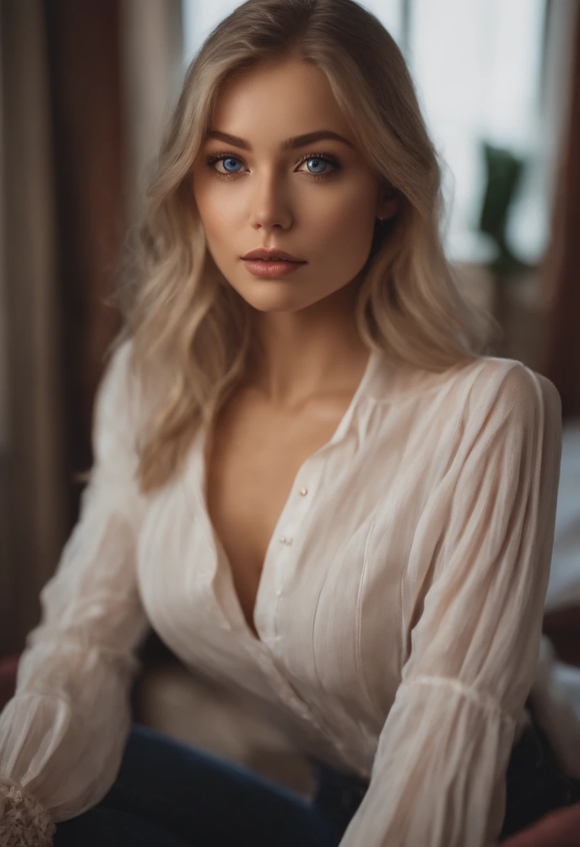 arafed woman fully , sexy girl with blue eyes, ultra realistic, meticulously detailed, portrait sophie mudd, blonde hair and large eyes, selfie of a young woman, bedroom eyes, violet myers, without makeup, natural makeup, looking directly at the camera, face with artgram, subtle makeup,in the club, large size bust