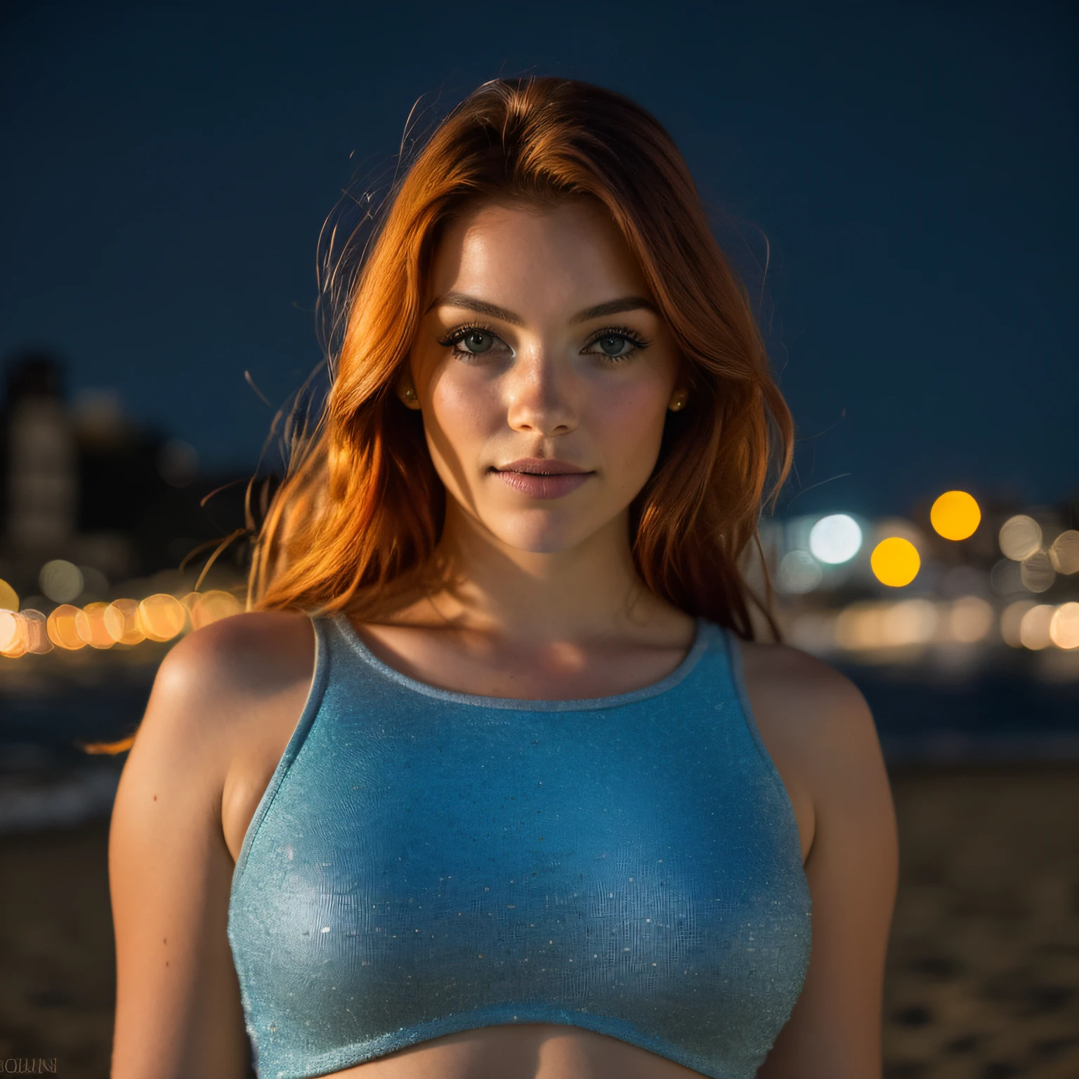 Tomar selfies, Vista descendente: 1.4), (torso medio recto: 1.4), Portrait photo of a 24-year-old redhead girl in RAW UHD format (Mujer de ojos grises) Caminando por la playa, pechos grandes, con new york, (Falda superior), (Cultivo), Detalles (¡Textures!, ¡hair!, resplandeciente, Color!!, Imperfecciones: 1.1), Ojos brillantes muy detallados (Looking at the camera), DSLR lighting, SLR camera, Calidad Ultra, agudeza, Profundidad de campo, movie grain (centro), Fujifilm XT3, Cristalina, Centro del marco, Cara hermosa, foco nítido, farola, Neon lighting, Bokeh (poca luz), Noche, (cielo nocturno), poros detallados de la piel, piel grasa, bronceado, Detalles oculares complejos, cuerpo completo
