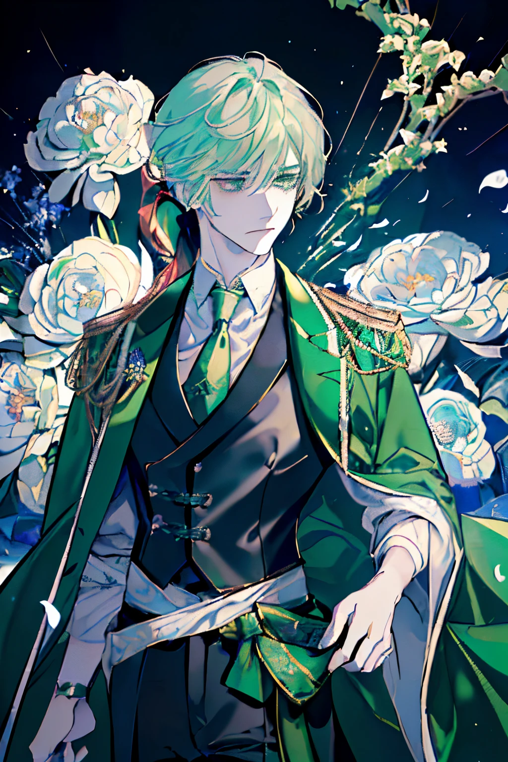 ((pale green hair)),((With bangs)),((Straight hair)),((tie the ponytail at the bottom)),((Dark green eyes)),((black and green corset)),(tome'It's made to look a bit like a kimono..),((Luxury and neat attire like a British gentleman)),Slight red tide,,((Like a knight, He carries a luxuriously decorated sword on his waist......)),((close up of face)),(Serious gaze),(Royal gardens with colorful flowers),((Male in late s)),((Clothes and hair fluttering in the wind)),(Petals fluttering in the wind),((Particles of white and blue light fly around.)),(Dynamic movement),((Kamimei)),(Sharp eye light),((Stand from the front)),