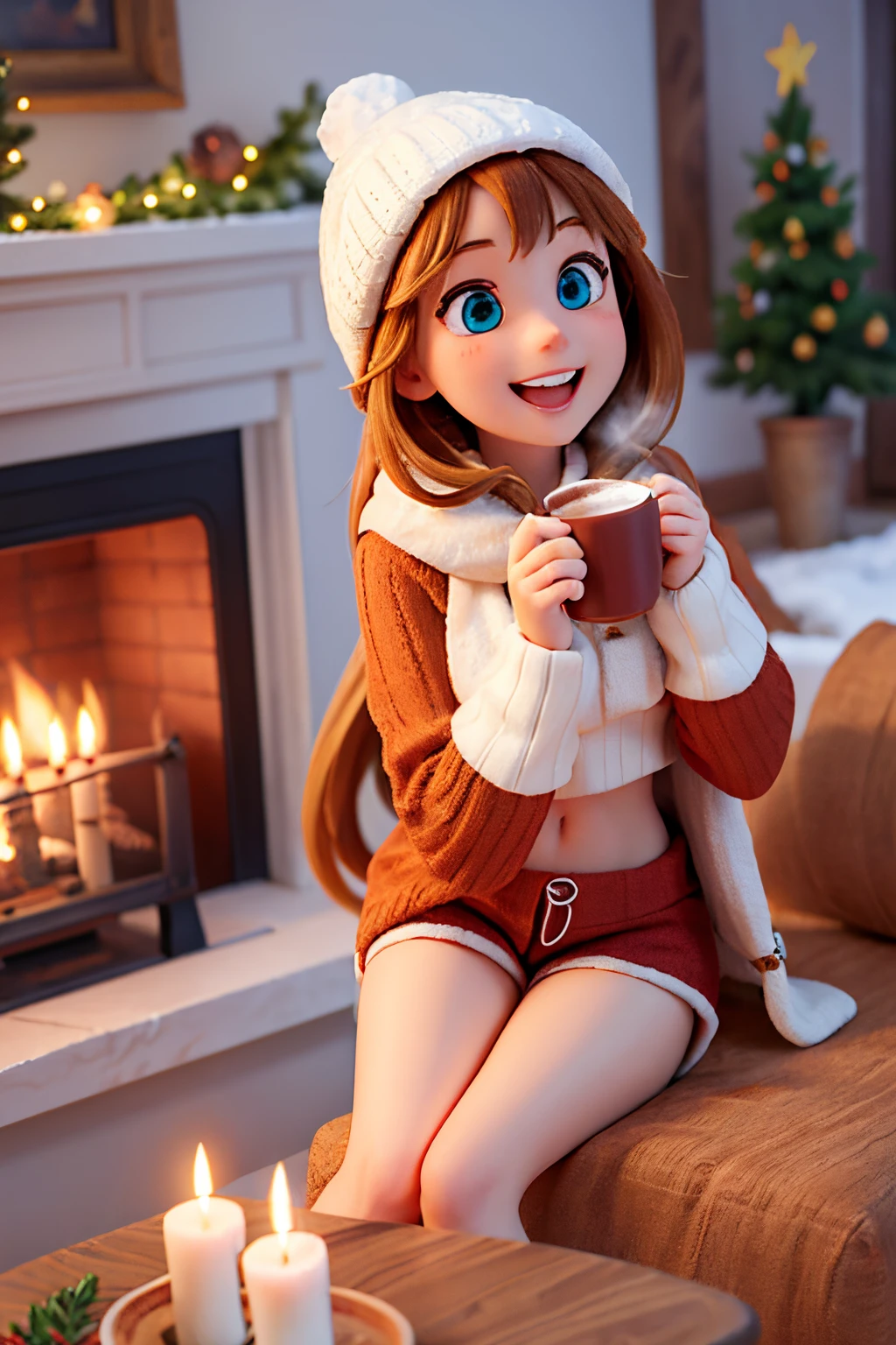 (best quality, highres, ultra-detailed), cozy winter scene, beautiful girl, snow-covered landscape, roaring fireplace, tall Christmas tree, warm colors, soft wool sweater, snug-fitting mini shorts, exposed midriff, radiant smile, bright blue eyes, pure happiness, festive atmosphere, delicate snowflakes dancing in the air, comfortable woolen socks, hot cocoa steaming in a mug, joy-filled laughter, candles flickering, a sense of tranquility, magical winter wonderland, delightful moments of bliss
