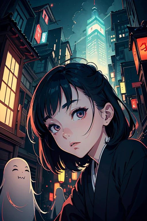 masterpiece, high resolution, ((Draft cartoon style)), ((wallpaper)), ((Diverse angles)), Outline warm color, Comic Style Illustrations, (drawing style), eerie, Woman with Japanese ghost, horror factor, Distinctive hair style, Creative accessories, Background is city, extra
, 8k