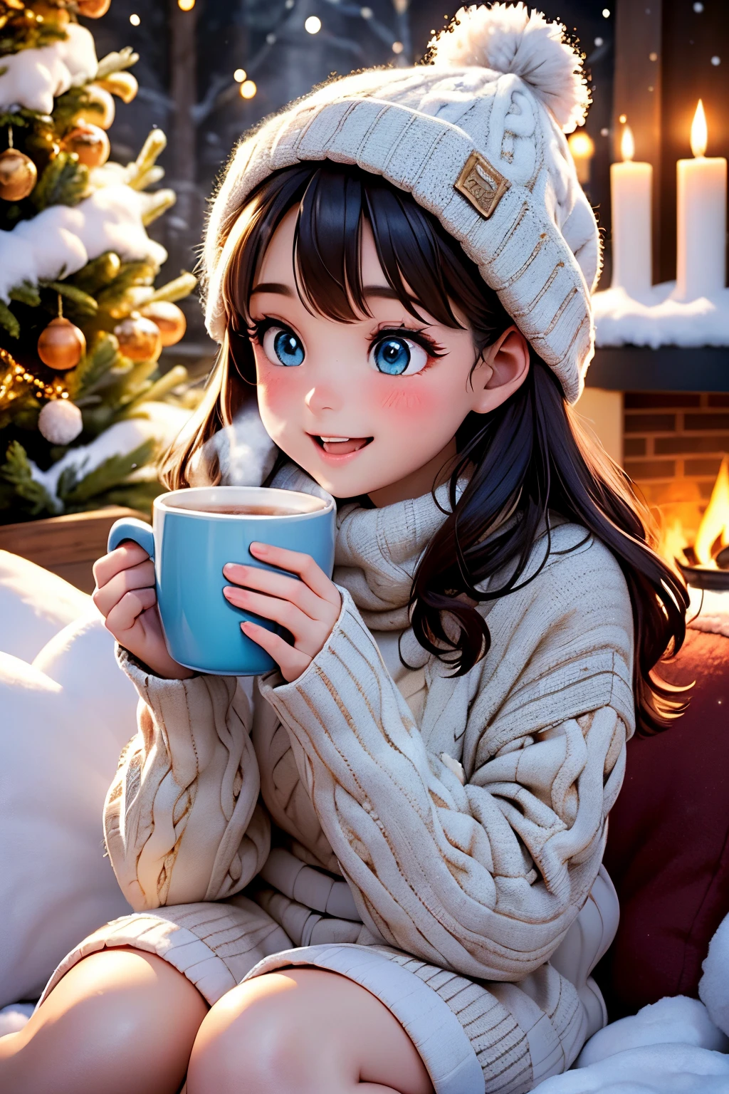 (best quality, highres, ultra-detailed), cozy winter scene, beautiful girl, snow-covered landscape, roaring fireplace, tall Christmas tree, warm colors, soft wool sweater, snug-fitting mini shorts, exposed midriff, radiant smile, bright blue eyes, pure happiness, festive atmosphere, delicate snowflakes dancing in the air, comfortable woolen socks, hot cocoa steaming in a mug, joy-filled laughter, candles flickering, a sense of tranquility, magical winter wonderland, delightful moments of bliss