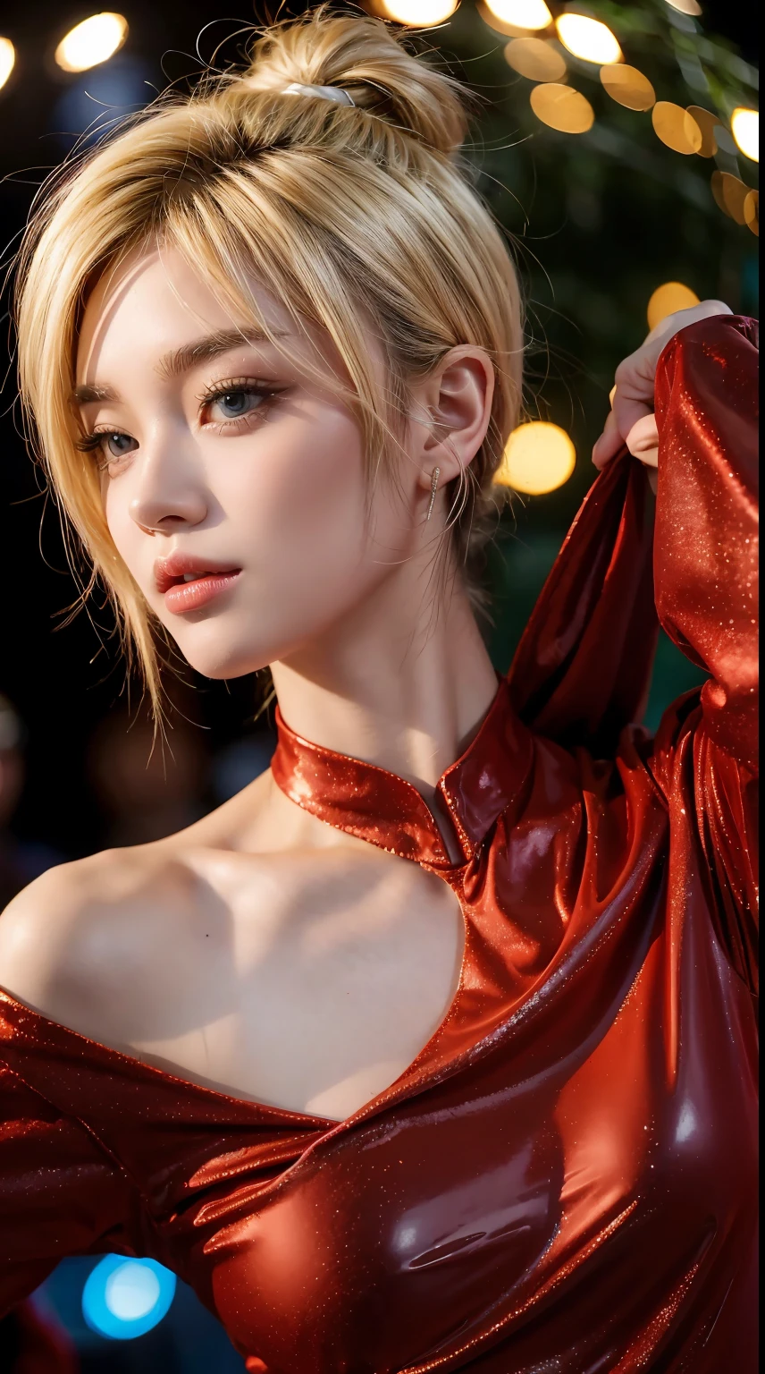 good hand,4k, high-res, masterpiece, best quality, head:1.3,((Hasselblad photography)), (Blond Model), finely detailed skin, sharp focus, (cinematic lighting), collarbone, morning, soft lighting, dynamic angle, [:(detailed face:1.2):0.2], armpit crease, red clothes, slender, small breasts,