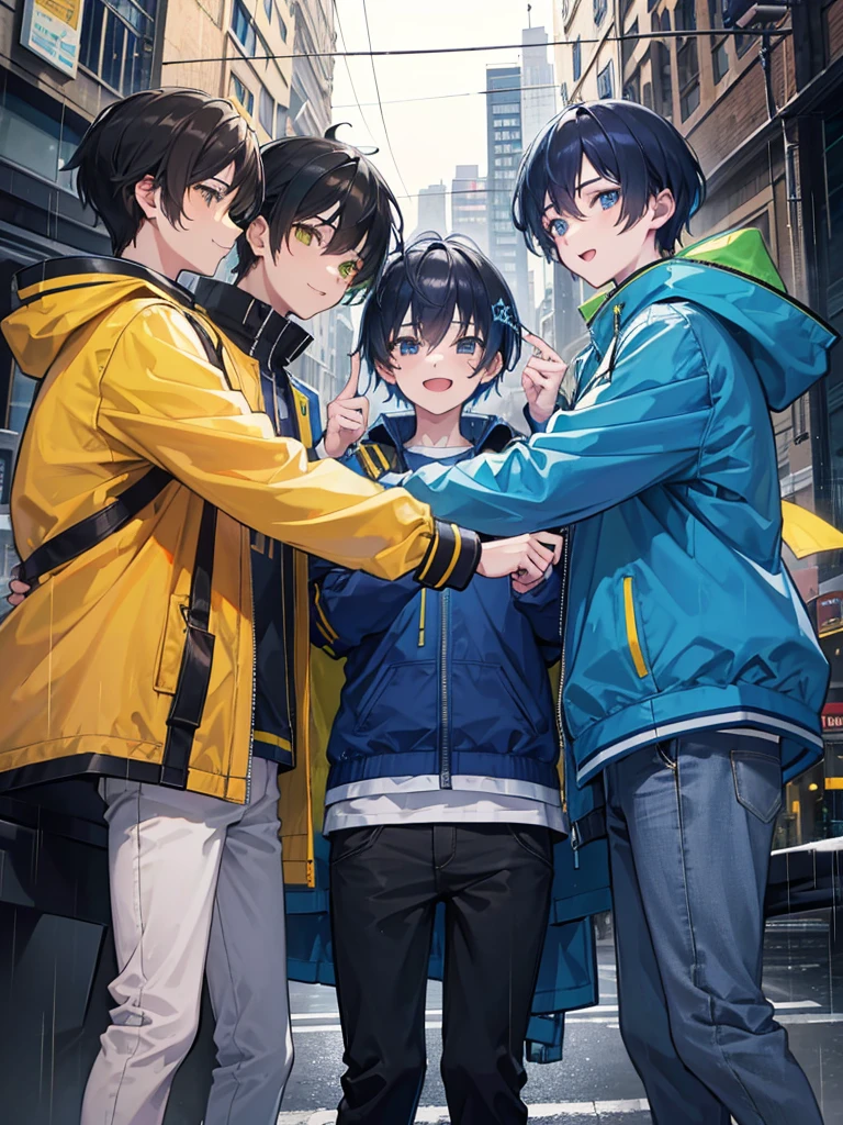 3boys friends laughing playing wearing blue,bkack,brown,yellow jacket coats with yellow,green,blue,black hair.wearing denim pants for all,raining city night,absurdres,high res,8k,ultrasharp,masterpiece,all looking at viewer
