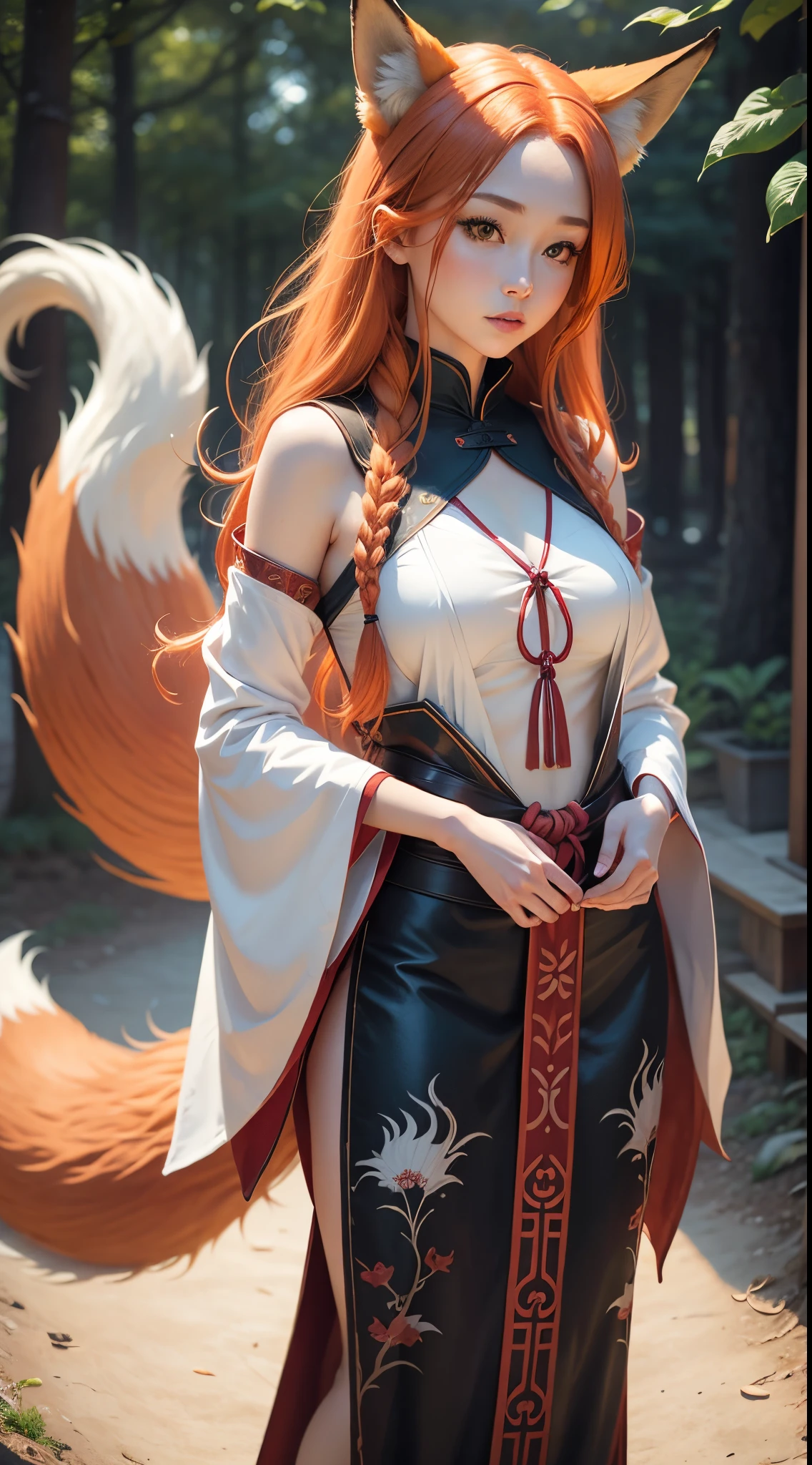 a realistic fox-girl with ginger hair and nine tails, nine tails, nine tails, sinto clothes, inspired by Sugimura Jihei, delicate and fine, (tentacles:fox tails:0.5), white form, inspired by Sōami, jormungand, mystical creatures, realistic
