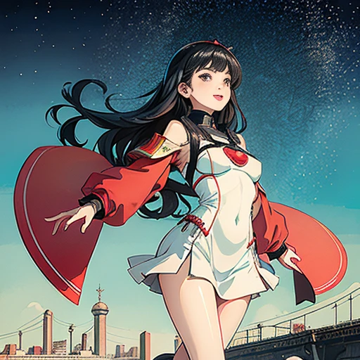 future perfecr world cityscape future trees, 1girl run floating, breasts flat tiny nipples, cute, beautiful detailed eyes, hairs shiny black, red monochrome, soviet poster, soviet, communism, poorbreast, teen wearing tight suite bright futuristic fashion, weightlessness, Side light, reflection, Reflected light from the sun, Silver metal, red flag, brilliance, USSR style, diffuse reflection, Metallic texture, the sea of star, high tone, magnificent, happy kind smile, spaceships in the starry sky