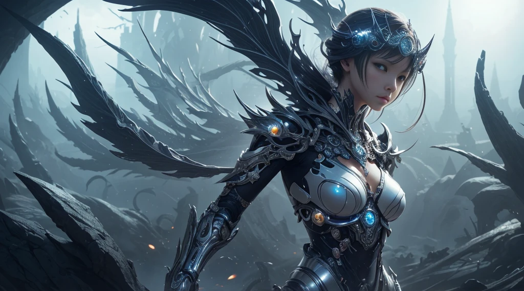 organic cyborg, white plastic, diffuse lighting, fantasy, intricate, elegant, highly detailed, art by Yoshitaka Amano