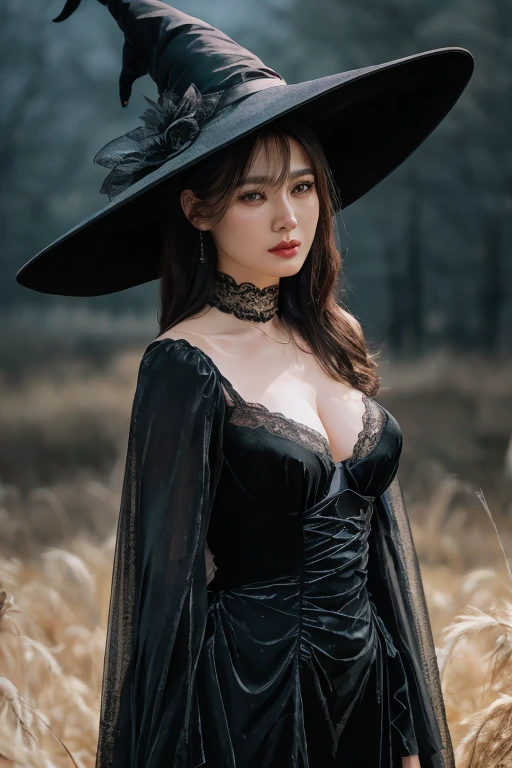 hyper realistic lifelike texture dramatic lighting unreal engine trending on art station, award winning photo, nikon RAW photo,8 k, Fujifilm XT3,masterpiece, best quality, realistic, photorealistic, ultra detailed, extremely detailed face, solo,1girl, standing, fashionable and trendy atmosphere, black lingerie dress, (witch hat), at dark fields, (upper body:1.5),