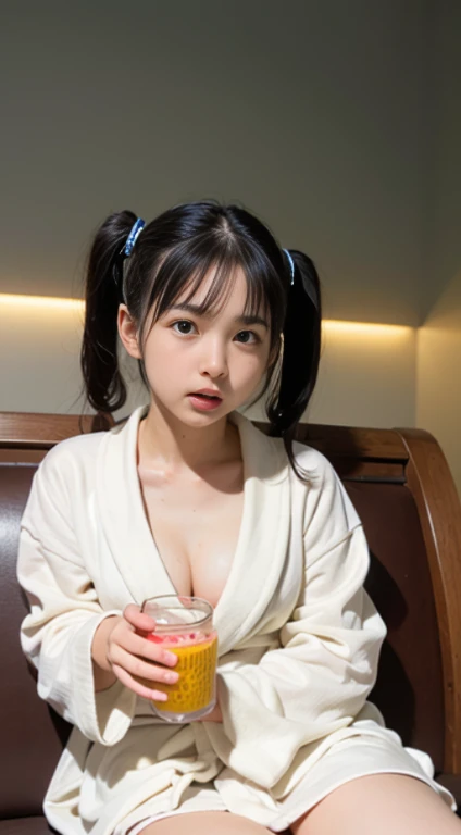 (masutepiece, Best Quality:1.4), Beautiful face, 8K, 85 mm, absurderes, ((Dark bedroom in the hotel))、(Wearing a thick white bathrobe:1.4), ((cowboy  shot:1.5))、((Shot from below:1.4))、((udder of medium size:1.4))、violaceaess, gardeniass, Delicate girl, Solo,(((Twin-tailed:1.5)))、((sitting in the couch:1.4))、((Drink juice:1.4))、Night, Looking at Viewer, Upper body, Film grain, chromatic abberation, Sharp Focus, face lights, Professional Lighting, Sophisticated, (he looked at me with a confused expression:1.4), (Simple background, Bokeh background:1.2), Detail Face、