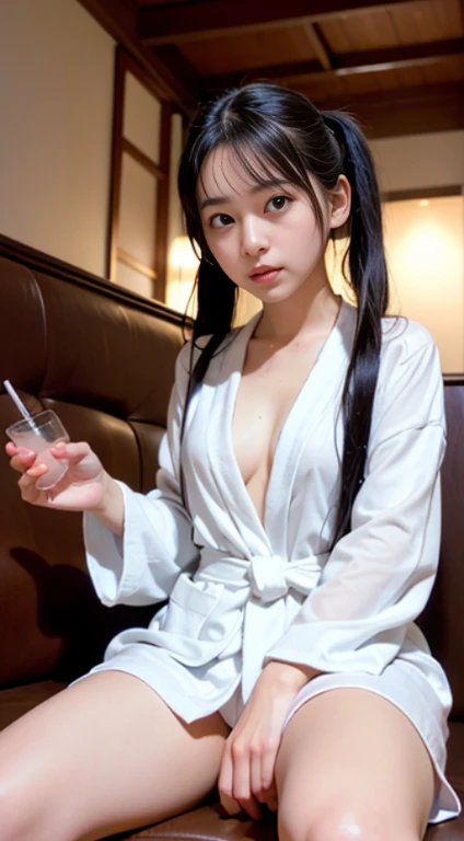 (masutepiece, Best Quality:1.4), Beautiful face, 8K, 85 mm, absurderes, ((Dark bedroom in the hotel))、(Wearing a thick white bathrobe:1.4), ((cowboy  shot:1.5))、((Shot from below:1.4))、((udder of medium size:1.4))、violaceaess, gardeniass, Delicate girl, Solo,(((Twin-tailed:1.5)))、((sitting in the couch:1.4))、((Drink juice:1.4))、Night, Looking at Viewer, Upper body, Film grain, chromatic abberation, Sharp Focus, face lights, Professional Lighting, Sophisticated, (he looked at me with a confused expression:1.4), (Simple background, Bokeh background:1.2), Detail Face、