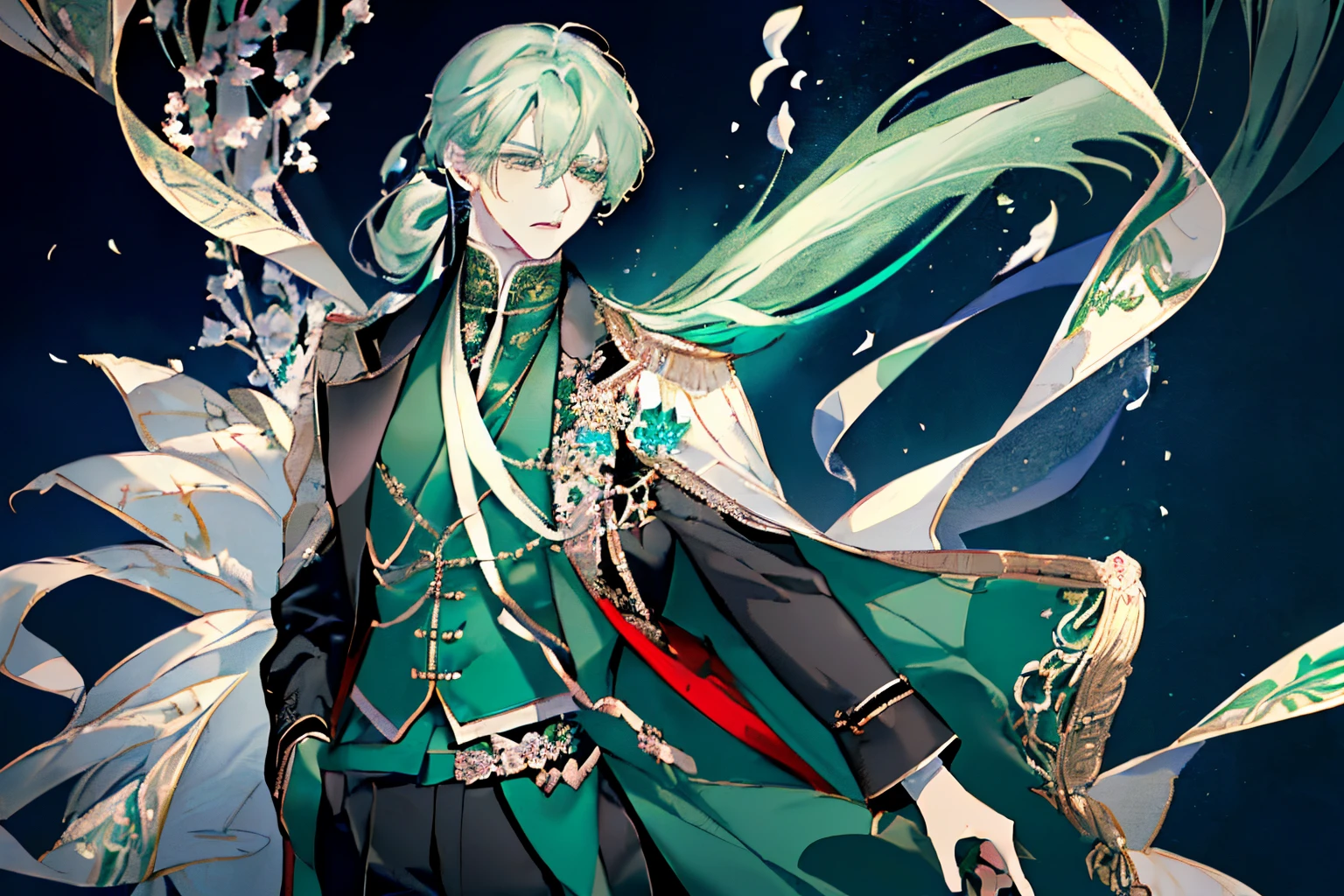 ((pale green hair)),((With bangs)),((Straight hair)),((tie the ponytail at the bottom)),((Dark green eyes)),((black and green corset)),(tome'tome'Made to look like a kimono..),((Luxury and neat attire like a British gentleman)),Slight red tide,,((Like a knight, He carries a luxuriously decorated sword on his waist.......)),((close up of face)),(Serious gaze),(Royal gardens with colorful flowers),((Male in late teens)),((Clothes and hair fluttering in the wind)),(Petals fluttering in the wind),((Particles of white and blue light fly around.)),(Dynamic movement),((Kamimei)),(Sharp eye light),((Stand from the front)),