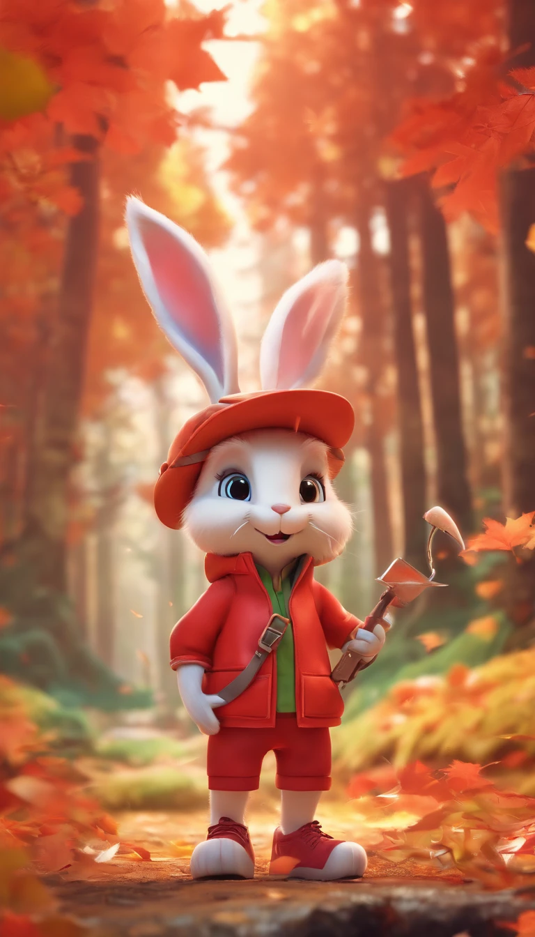 (Photo of an adventurous little white rabbit sister standing on the path of autumn leaves), ,Full body lesbian,(Side rear view),shaggy, Face clear and beautiful, Big green bright eyes, Binoculars hung on her chest, Sister Rabbit wears green fashionable adventure clothes, Green fashion adventure pants,Wearing red hiking shoes on feet, , cute ears, Red and green camping hat, fashionable sunglasses, Carry a green shoulder bag, trowel, Camping equipment, A compass associated with many adventure tools,
Curious to explore expressions, Cartoons, 4D, red fox,Cartoonish,(Anthropomorphic cartoon characters) ,
Background with: autumn leaves forest trail red forest, autumn forest, red glowing fog, In a red dream, Very beautiful forest, Beautiful forest, Beautiful hazy wood, red shading spray, breathable and beautiful trees, breath-taking beautiful trees, red fog, beautiful forests and trees, Bright but dark red, red trees,
