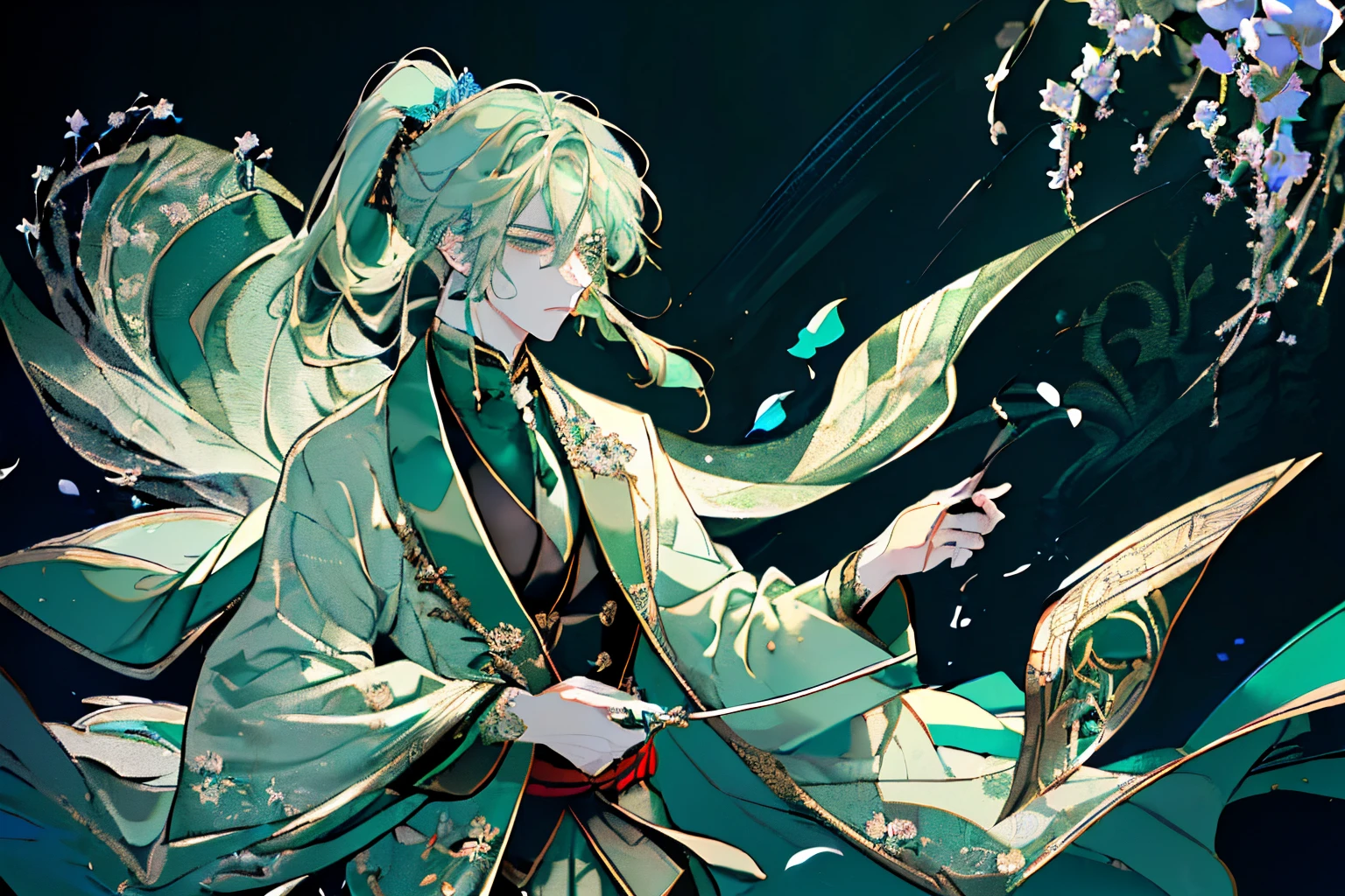 ((pale green hair)),((With bangs)),((Straight hair)),((tie the ponytail at the bottom)),((Dark green eyes)),((black and green corset)),(tome'tome'Made to look like a kimono..),((Luxury and neat attire like a British gentleman)),Slight red tide,,((Like a knight, He carries a luxuriously decorated sword on his waist.......)),((close up of face)),(Serious gaze),(Royal gardens with colorful flowers),((Male in late s)),((Clothes and hair fluttering in the wind)),(Petals fluttering in the wind),((Particles of white and blue light fly around.)),(Dynamic movement),((Kamimei)),(Sharp eye light),((Stand from the front)),