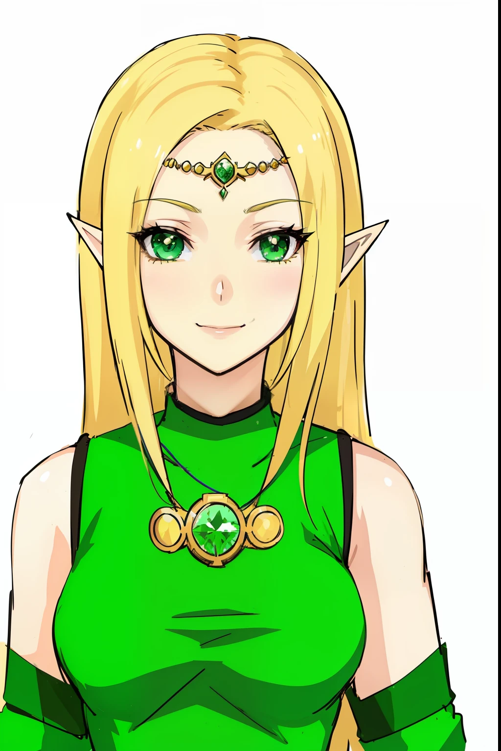 Anime sharp ear with blonde hair and green eyes with pendant on her forehead, elven character with smirk, elf girl, elf princess, elven princess, (((mad))) elf princess, centered elven, female elf, elven, beautiful and elegant female elf, an elf queen, beautiful elven princess, female elfling, portrait of an elf queen, a middle aged elf