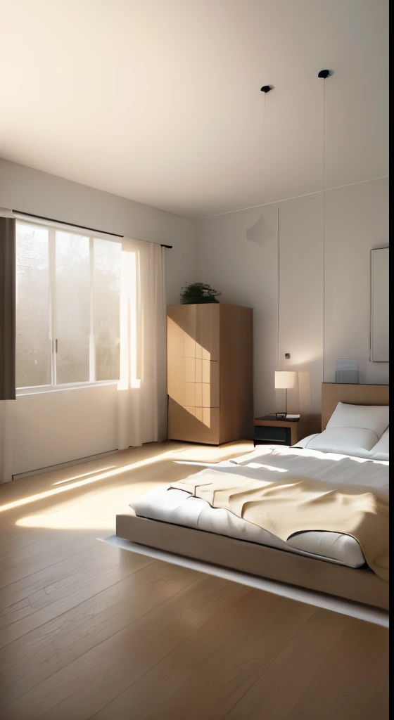 a view of a bedroom with a bed and a large painting, serene bedroom setting, bed room, low details and clean lines, serene and peaceful style, modern and minimalist, dim bedroom, neotraditional modern minimalist, simple clean lines, ioyful vibe and lighting, modern earthy neutral earthy, beige and dark atmosphere, modern minimalist f 2 0, minimalistic and beautiful