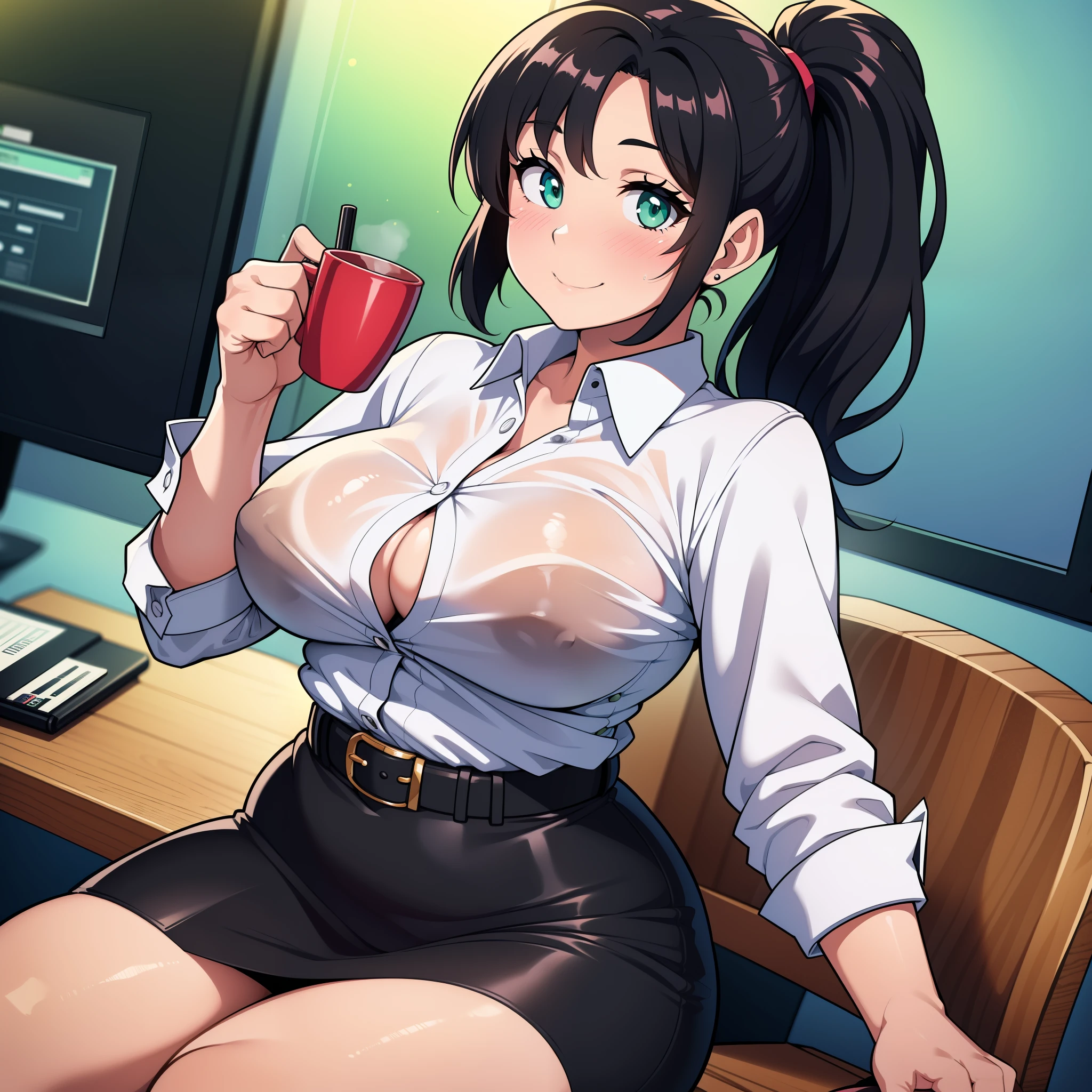 ((highres)), (Masterpiece), superior quality, high quality, best quality, beautiful, perfect lighting, detailed face, ultra cute face, cute, ((1girl)), ((solo)), medium fluffy black hair, ponytail, green eyes, (blush), outgoing, bright smile, modern office, detailed background, standing in front of viewer, medium breasts, perky breasts, (wide hips), (thick thighs), office lady, button white shirt, tucked in shirt, belt, black skirt, pencil skirt, extremally tight skirt, looking at viewer, holding coffee, sitting in chair, at desk,