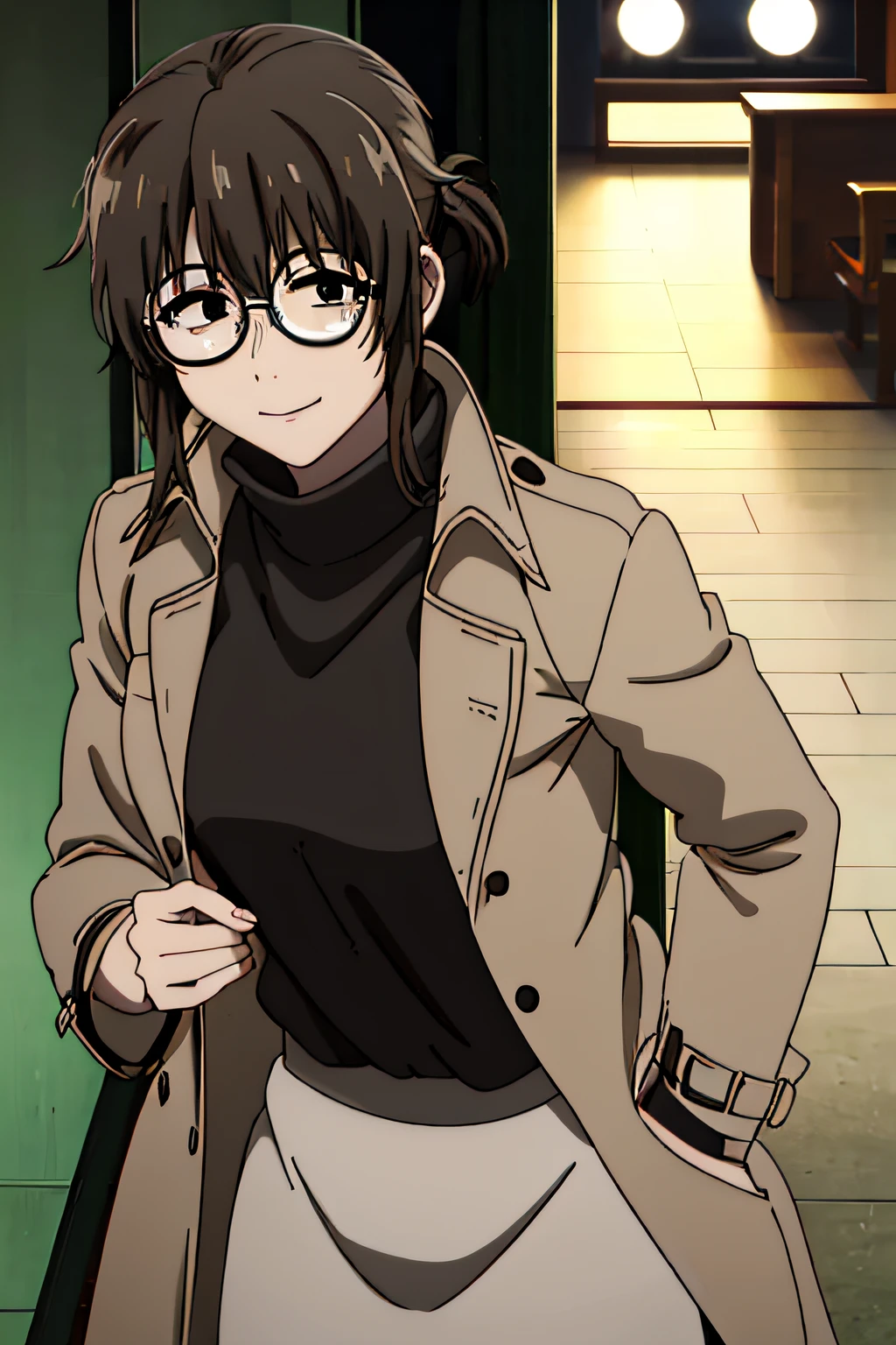 ANKO UGUISU, SHORT HAIR, BROWN HAIR, GLASSES, (BLACK EYES:1.5), DRESS, BLACK DRESS, COAT, TURTLENECK, 1girl, solo, upper body, facing viewer, looking at viewer, smile,