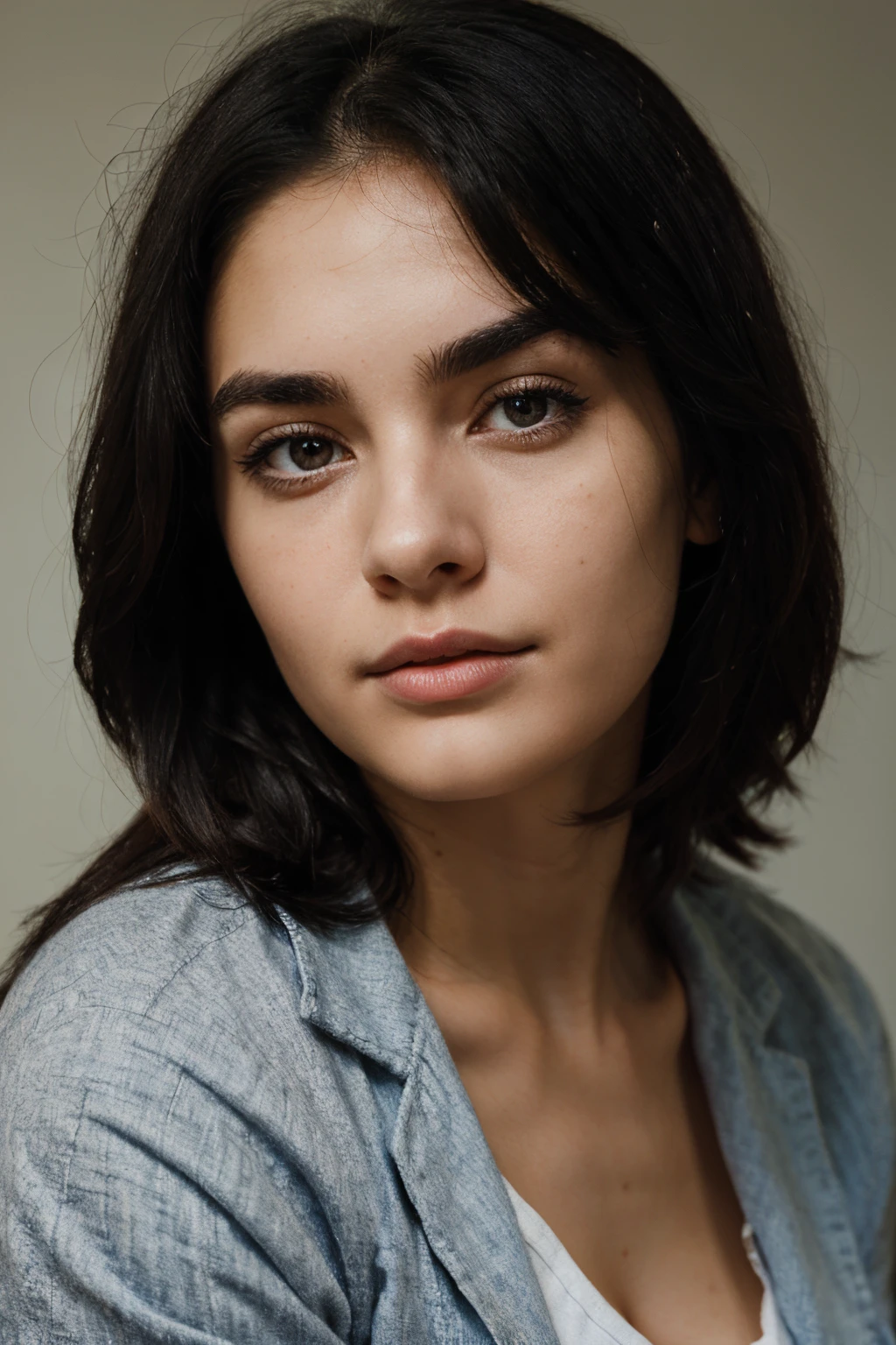woman, 23 years old, caucasian, black hair, strong eyebrows, portrait