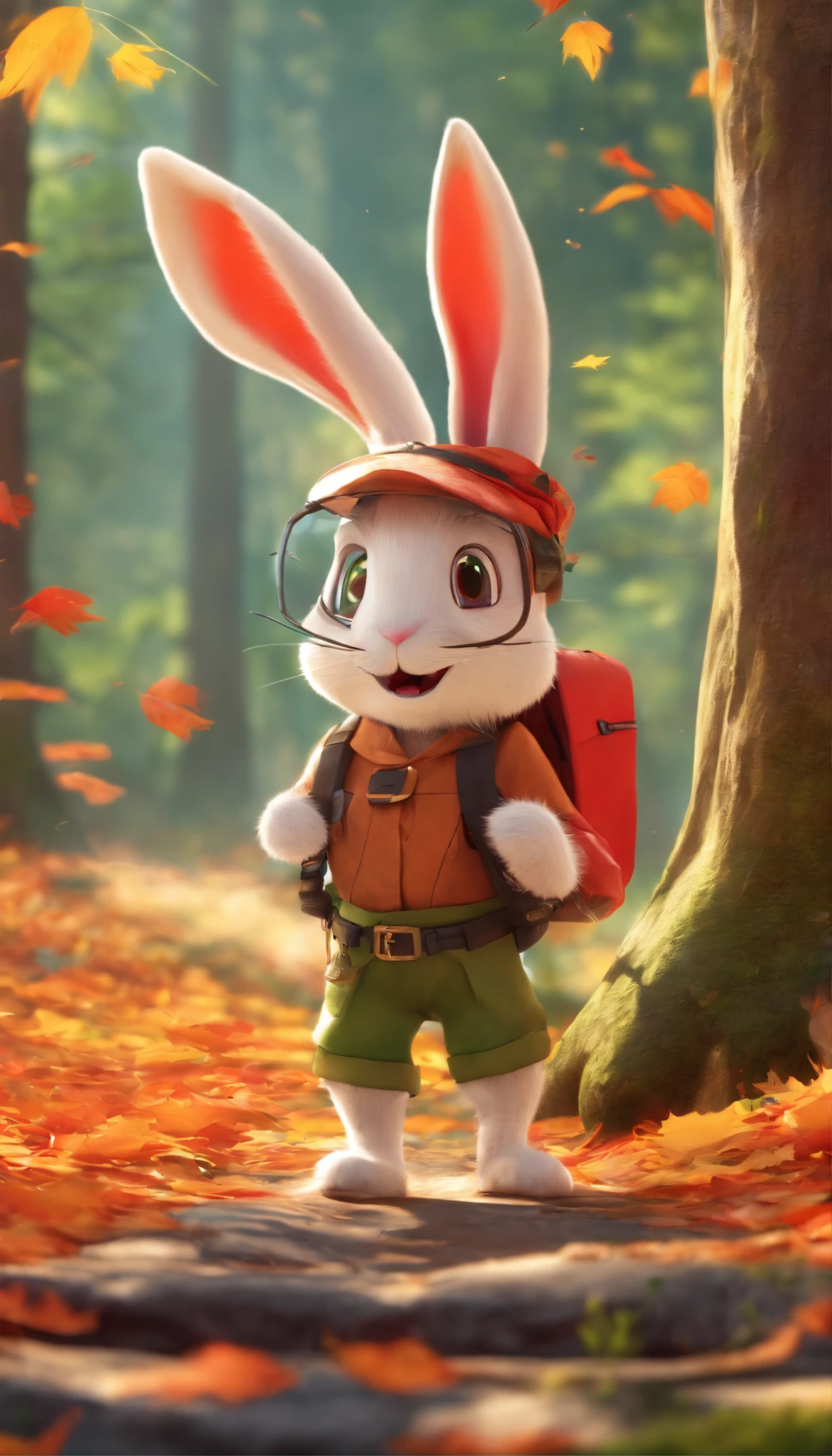 (Photo of an adventurous little white rabbit sister standing on the path of autumn leaves), ,Full body lesbian,(Side rear view),shaggy, Face clear and beautiful, Big green bright eyes, Binoculars hung on her chest, Sister Rabbit wears green fashionable adventure clothes, Green fashion adventure pants,Wearing red hiking shoes on feet, , cute ears, Red and green camping hat, fashionable sunglasses, Carry a green shoulder bag, trowel, Camping equipment, A compass associated with many adventure tools,
Curious to explore expressions, Cartoons, 4D, red fox,Cartoonish,(Anthropomorphic cartoon characters) ,
Background with: autumn leaves forest trail red forest, autumn forest, red glowing fog, In a red dream, Very beautiful forest, Beautiful forest, Beautiful hazy wood, red shading spray, breathable and beautiful trees, breath-taking beautiful trees, red fog, beautiful forests and trees, Bright but dark red, red trees,