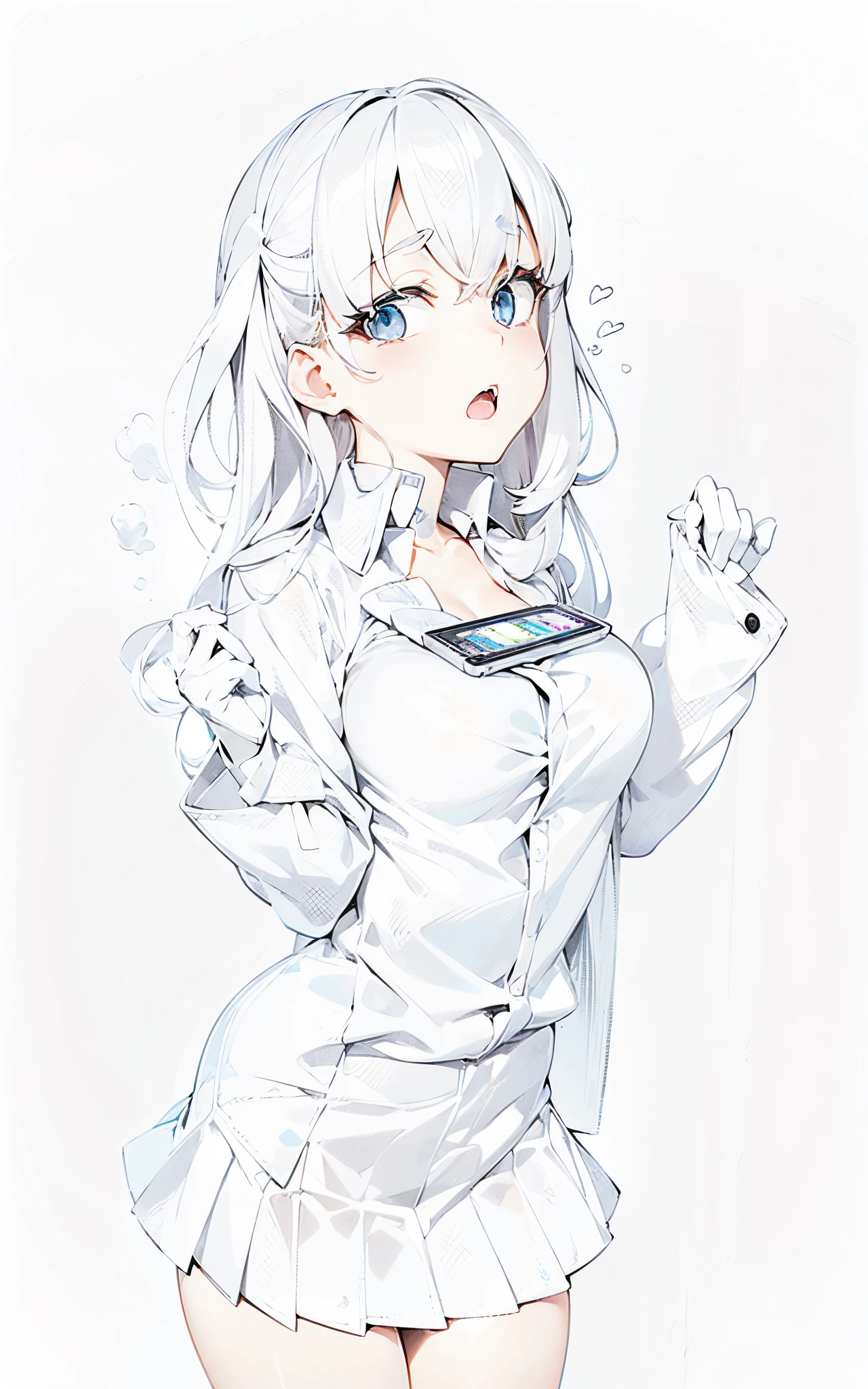Long white hair, Large breasts, white shirt, Black jacket, grey short skirt, Free coloring, largeeyes, with her mouth open, ((a tablet))