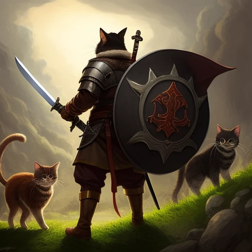 puss, with a sword on his back in battle with demons