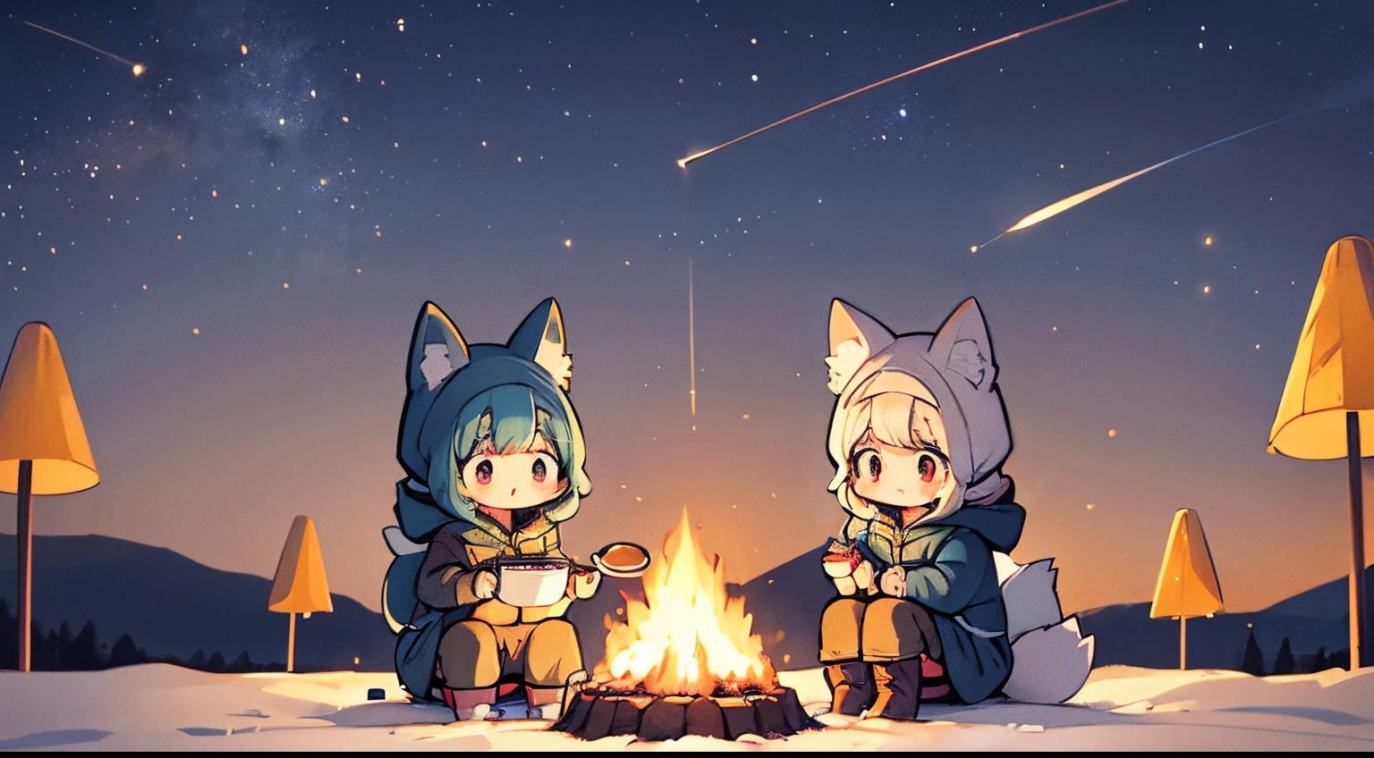 A wide range of illustrations with a simple and calm color palette, Faraway view、chibi fox girl, 『yuru camp』A work inspired by, She is sitting among a huge collection of camping equipment, From tents to advanced cooking equipment, Add a nostalgic atmosphere with a vintage bike, Everything is under the gently blurred winter starry sky、Happy look