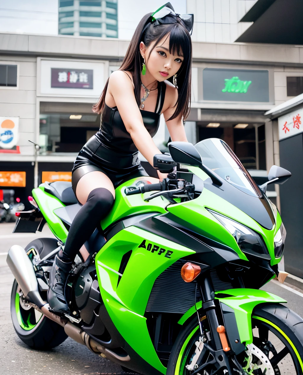 Arafe girl in black dress sitting on green bike, sitting on cyberpunk motorbike, motor cycle, Motorcycles, kawasaki, green and black, black and green, zora々Shishi Japan of Girls, Anime style mixed with Fujifilm, Japanese Models, sitting on a motorcycle, chiho, green and black colors, Sexy Girl, Cute Woman, Young Asian Girl