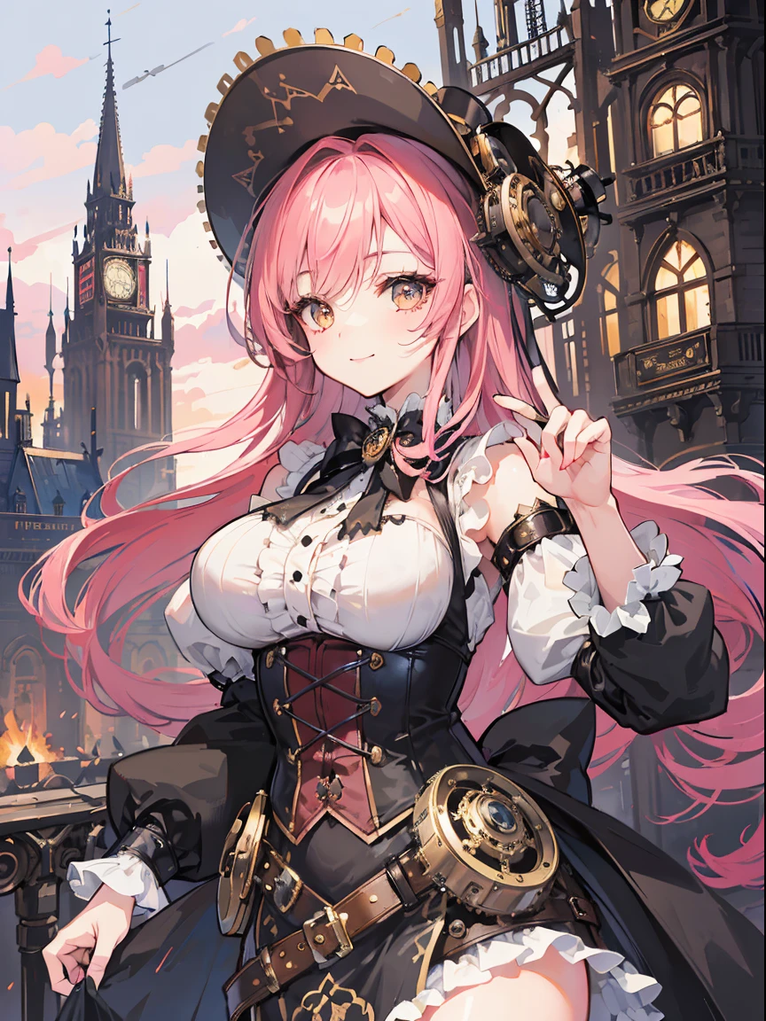 1 girl, ((steampunk)), gothic, ((bright colors)), very happy face, hopeful smile expression as she goes on an adventure, lips matching her expression, perfect face, [white skin] : 0.9], beautiful breasts, impressive, posing with her body facing the camera, natural pose
break,
(Masterpiece, cute black steampunk airship rider gothic dress, steampunk gears), (wearing a cute gothic lolita women's soft hat), ((very cute lolita fashion design)), (cute flowers on the head) and steampunk goggles:1.3)
break,
((Steampunk mechanical industrial machinery that you can't see the sky, lively, three-dimensional, multi-level, steampunk adventure cityscape situation)), (Steampunk gear decoration: 1.4), (Epic: 1.3), (Best Steampunk Adventure Stage: 1.3), ((Steampunk Airship)), Super High Rise, (All Backgrounds: Victorian-like buildings: 1.4), (Steam), (Smog)
break,
(Masterpiece: 1.4), Super resolution, ((Ultra detail in the background)), Accurate anatomy, (Very colorful pastel art on all screens: 1.3), Old punk-like details
