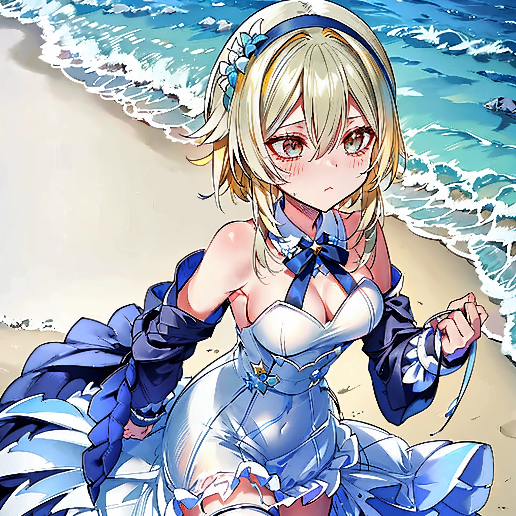 Lumine usando un traje revelador , vestido transparente , cabello mojado , caminando en la playa , pechos grandes , culo hermoso , ojos seductores