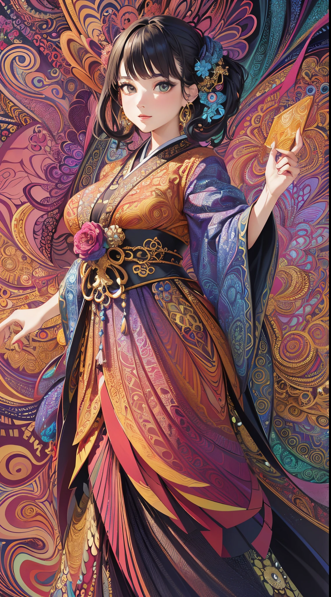 (masterpiece, top quality, best quality, official art, beautiful and aesthetic:1.2), (1girl:1.3), extremely detailed,(fractal art:1.1),(colorful:1.1),highest detailed,(zentangle:1.2), (dynamic pose), (abstract background:1.5), (japanese dress:1.2), (shiny skin), (many colors:1.4), ,(earrings:1.4),