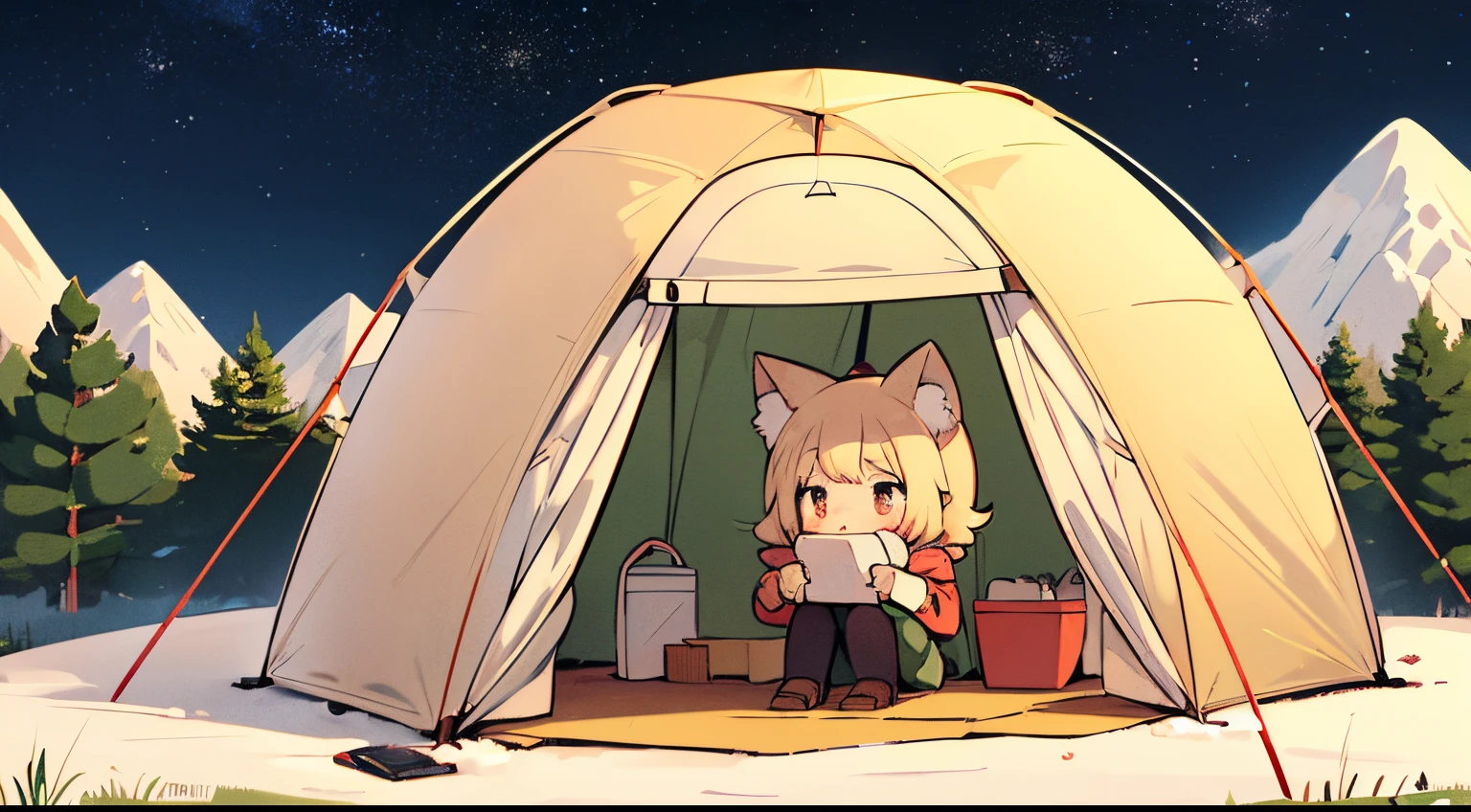 A wide range of illustrations with a simple and calm color palette, Faraway view、chibi fox girl, 『yuru camp』A work inspired by, She is sitting among a huge collection of camping equipment, From tents to advanced cooking equipment, Add a nostalgic atmosphere with a vintage bike, Everything is under the gently blurred winter starry sky、Happy look