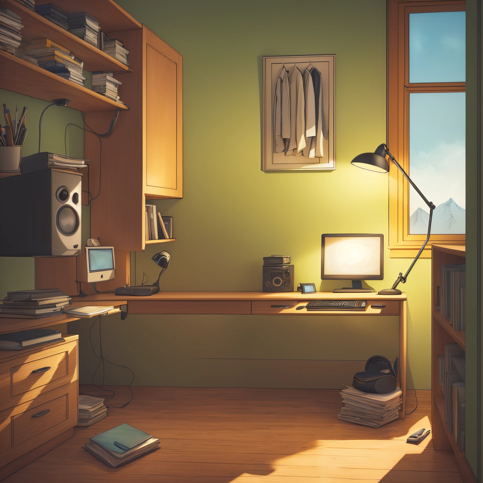 there is a computer table with monitor and books, fundo do quarto pessoal, arte de fundo interior, realistic afternoon lighting, picture of a loft in morning, quarto fotorrealista, 3d rendering stylized, fundo aconchegante da casa, cena mal-humorada dos desenhos animados, 3 d stylize scene, office background, semi-realistic rendering, animation style rendering, rendered lighting