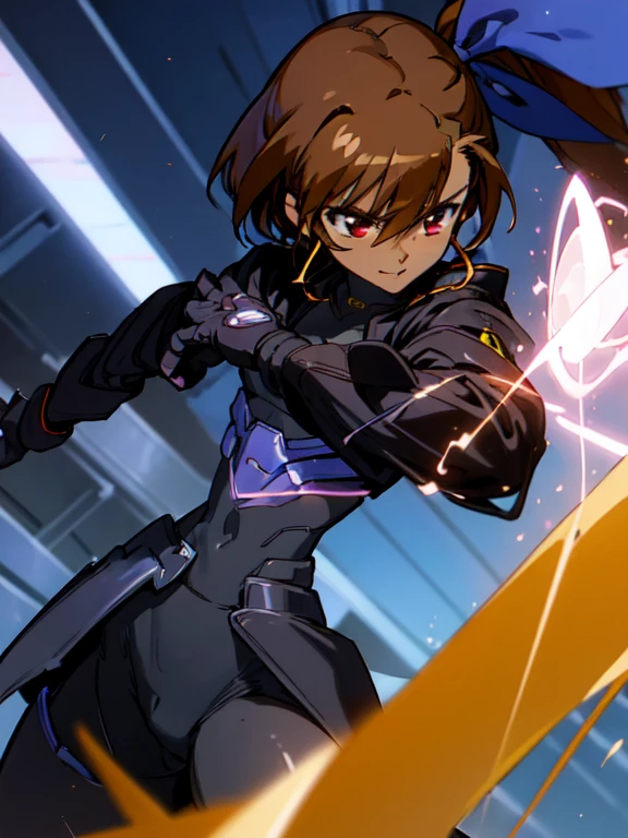 (((Dark skin))),otokonoko, cute,(1 beautiful boy) long dark brown hair, red eyes, (flat chested) wearing (Magical Girl Lyrical Nanoha StrikerS: Vivio Takamachi long black barrier jacket black armoured bodysuit outfit), gloves, cute smile, close up, bright blue sky background,