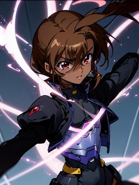 (((Dark skin))),otokonoko, cute,(1 beautiful boy) long dark brown hair, red eyes, (flat chested) wearing (Magical Girl Lyrical Nanoha StrikerS: Vivio Takamachi long black barrier jacket black armoured bodysuit outfit), gloves, cute smile, close up, bright blue sky background,