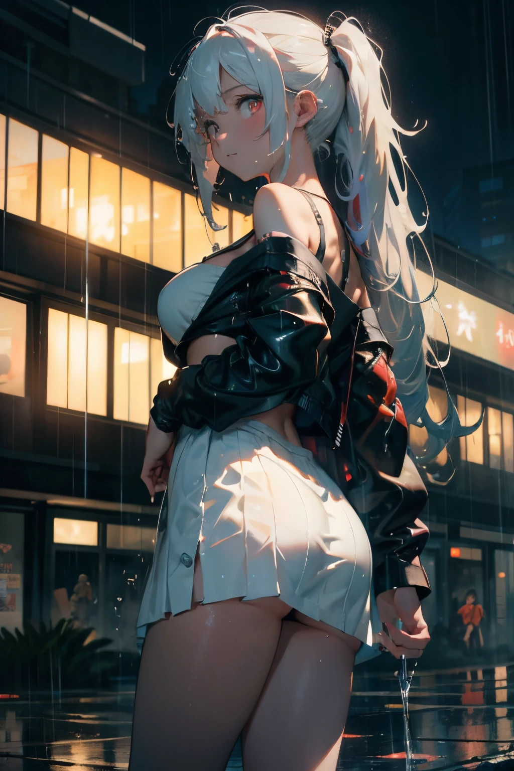 realistic, anime, 1girl,bangs, twintails, long hair, small breasts, off shoulder, white hair, rainbow hair, oversized T-shirt, white T-shirt, black bra, bare legs, thigh, cleavage, collarbone, (extremely detailed CG unity 8k wallpaper, masterpiece, best quality, ultra-detailed, best shadow), (masterpiece:1.2, best quality), very red eyes, sweat, soft body, cute, arm strap, thigh strap, multicolor eyes, outside, out door, raining, night, wet cloths, standing, standing in the rain, wet hair, wet skin, see through, (heavy rain), ruined building, messy ground, bullet shells on ground, dust, wounds, walking, jacket, tactical suit, military equipment, (night), white legwear, wet thighs, ((lotion)), from behind, (wet), dress, skirt, , happy, happy expression, thighs, from below, horizon, \(weapon\)