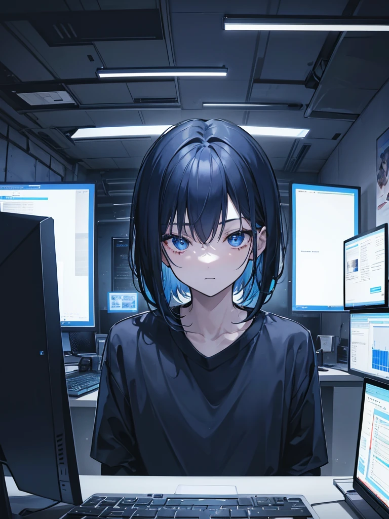 1boy,short blue and black hair,wearing full blue black shirt,in dark room,hacking,typing in multiple computers,absurdres,high res,ultrasharp,8k,masterpiece,looking and hacking in computers