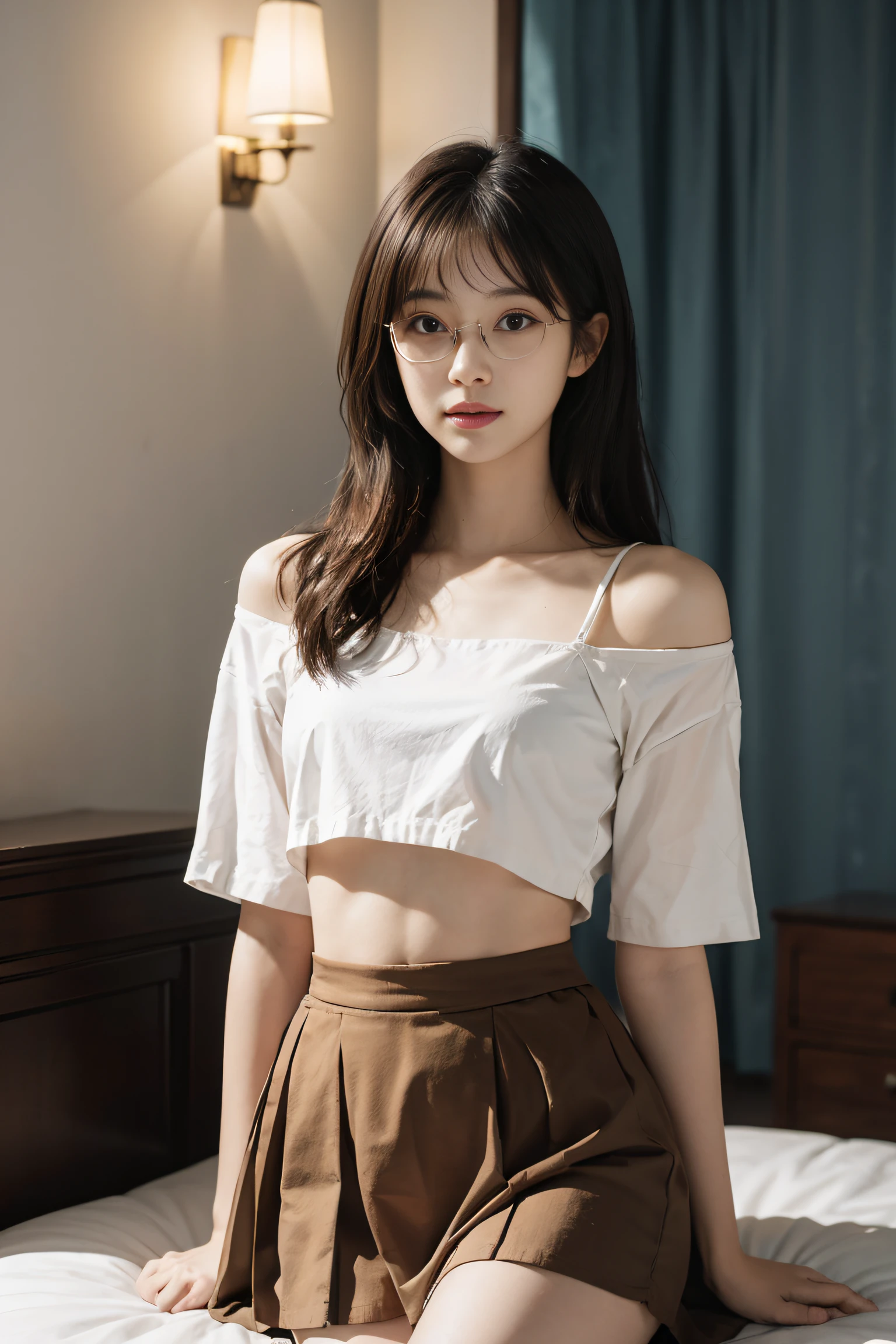 Design warm scenes,Let young Taiwanese women interact with their beloved big cat pets, Very huge white Persian cat, Such a cute Taiwanese girl,Have a beautiful and petite figure, Gauze low-cut top and pleated skirt, wears glasses, Round glasses, very long golden brown hair, Very long bangs hairstyle, With a petite figure, Small waist, Slim, Wide hips, Thigh thick, Showcase their connection from the comfort of their own home, Bright lights, Happy, 8K, quality, Ray illumination,