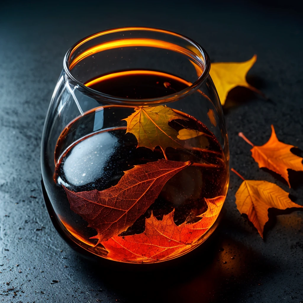 4K、High-definition photos、Dark、Lit up、Very modern glass design、strange shaped glass container.、Autumn leaves floating on water