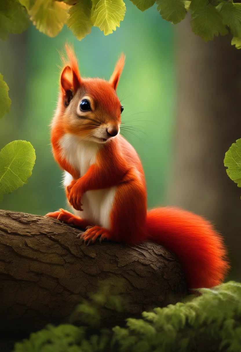 Cute alien creatures,Tiny creatures, like a squirrel, red fur, Big fluffy tail, tasseled ears, sitting on the root of a huge spreading oak tree, fighting look, there are nuts lying around,