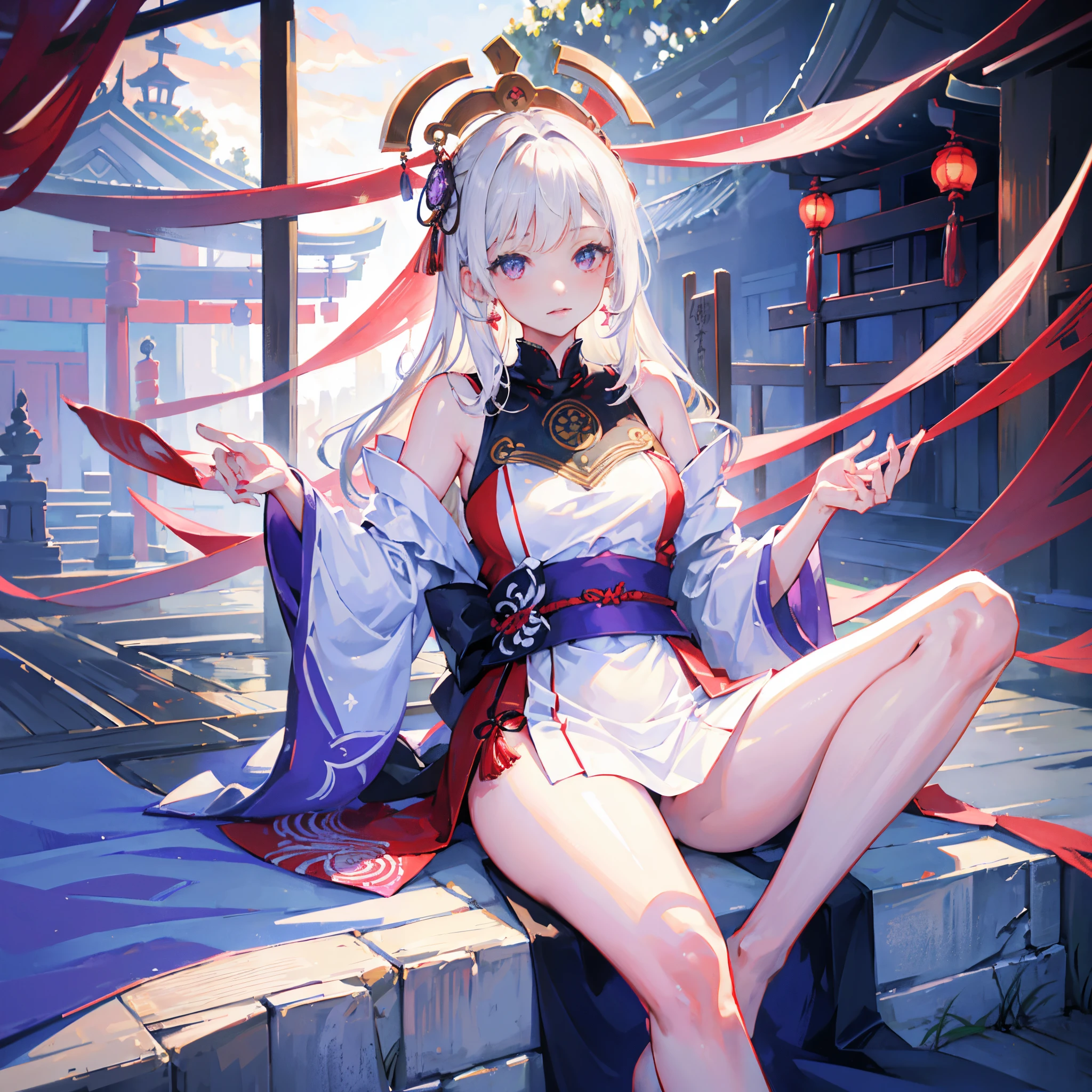 ((Masterpiece)), (Best Quality), Solo, Ayane, Long Hair, Braids, Ayame Shrine, Japanese Clothing, Hakama Skirt, White Thighs, (NSFW:1.3), Full Body